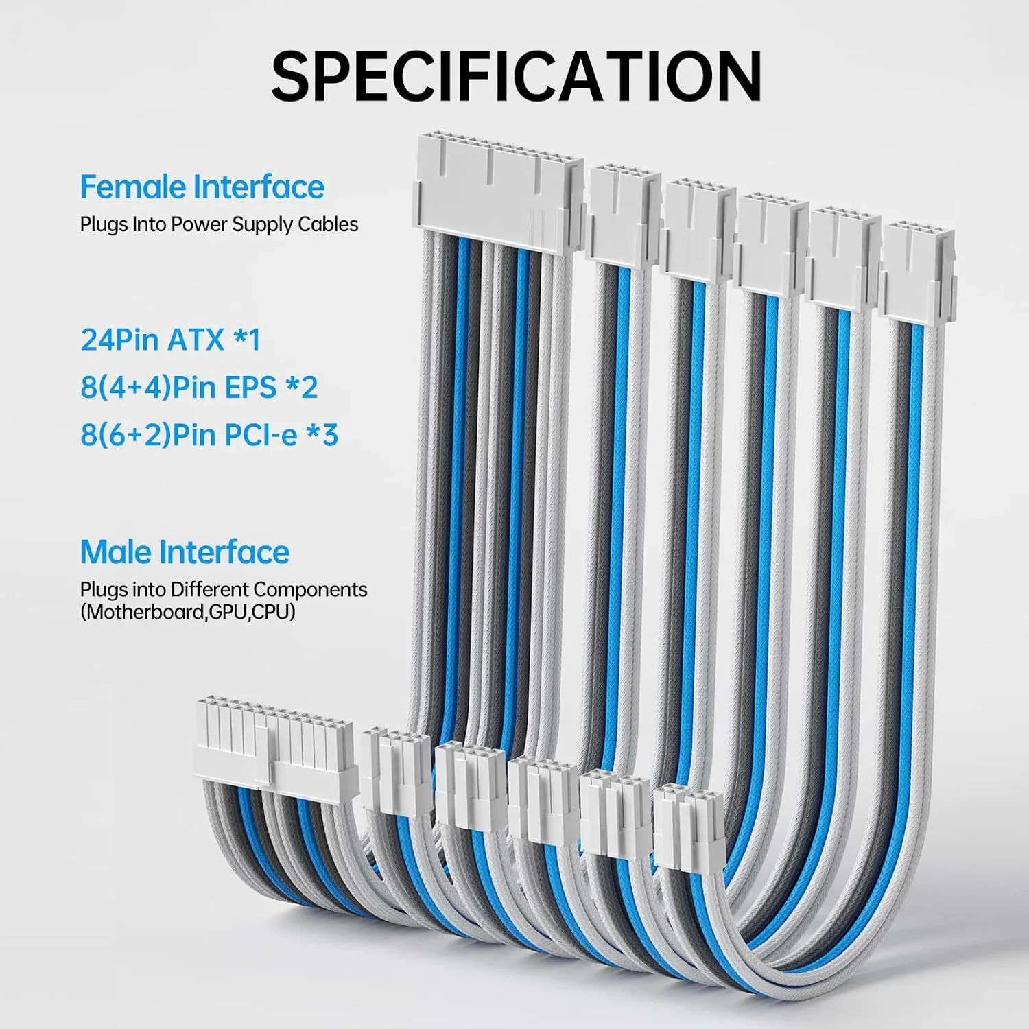Asiahorse Customization Mod Sleeve Extension Power Supply Cable Kit 16AWG ATX/EPS/8-Pin PCI-E/6-pin PCI-E (Mix Color, Blue-White)