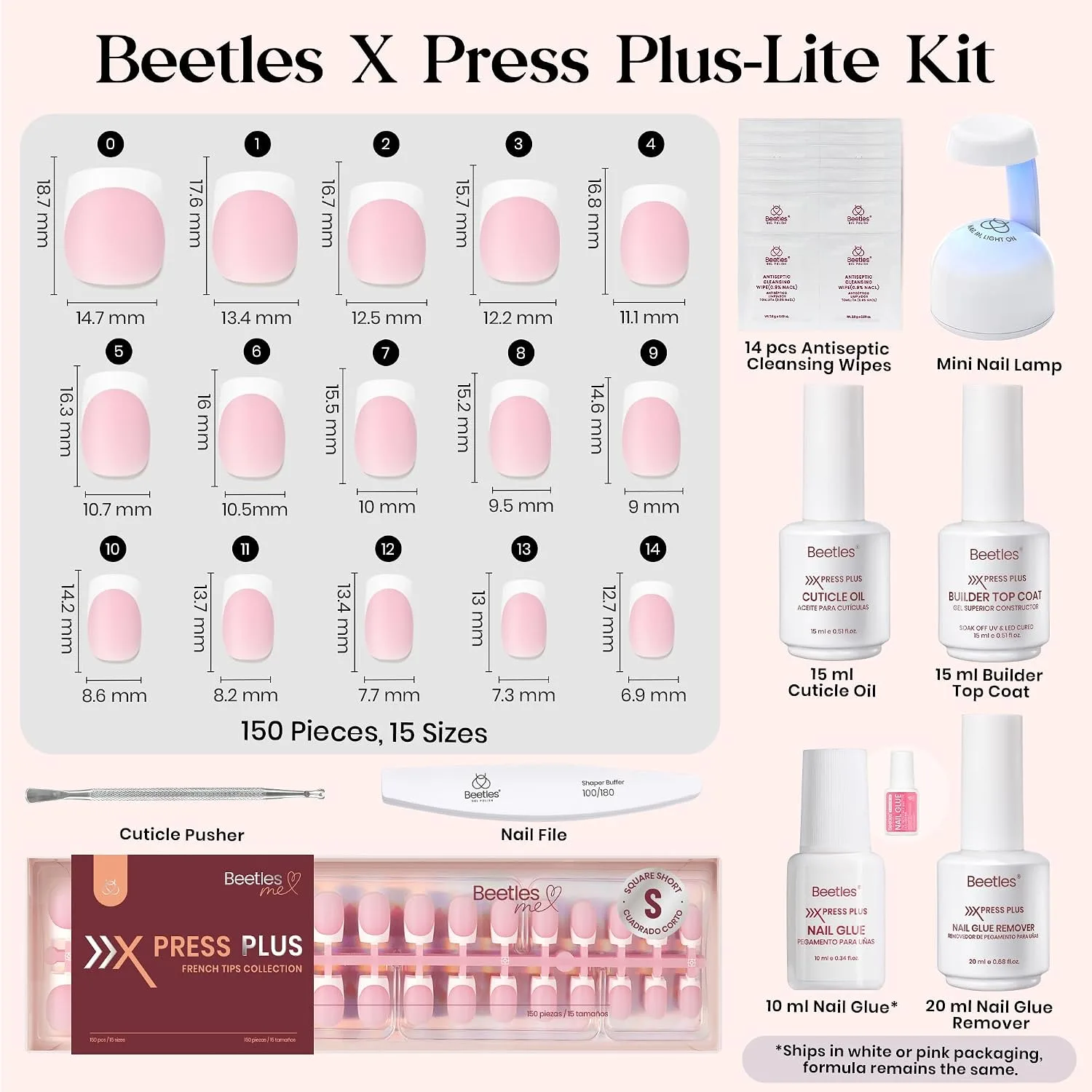 Beetles French Tip Press On Nail Kit - Short Square 150 Pcs 15 Sizes
