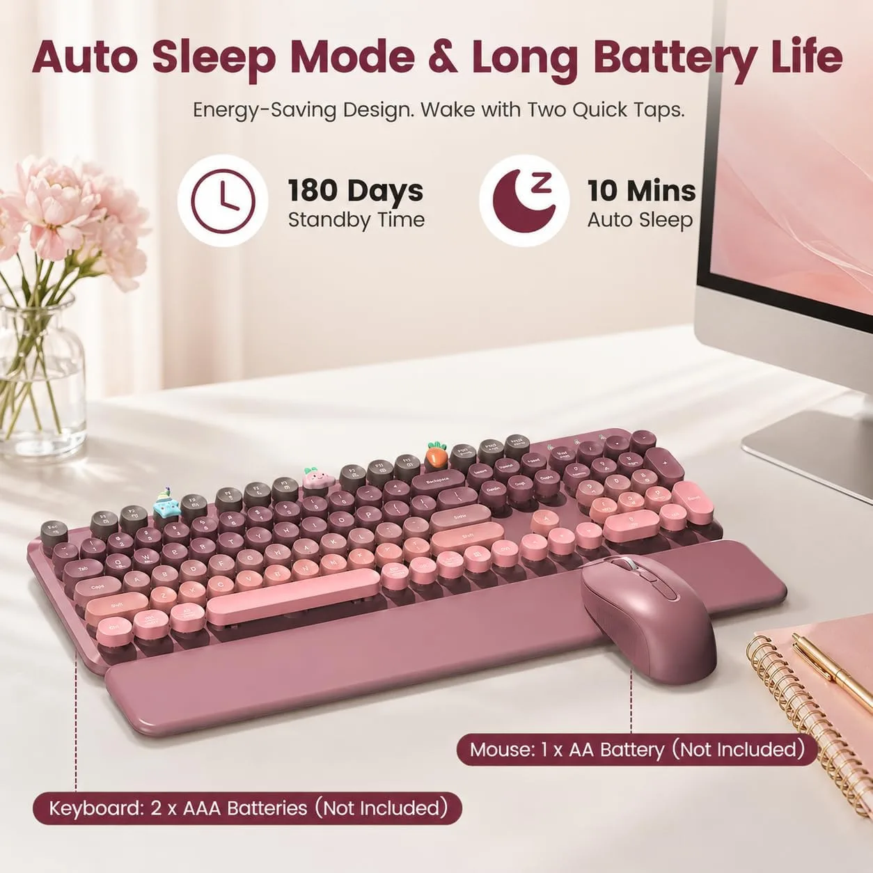 Wireless Keyboard and Mouse Combo, Magnetic Wrist Rest, Dusty Rose Ombre