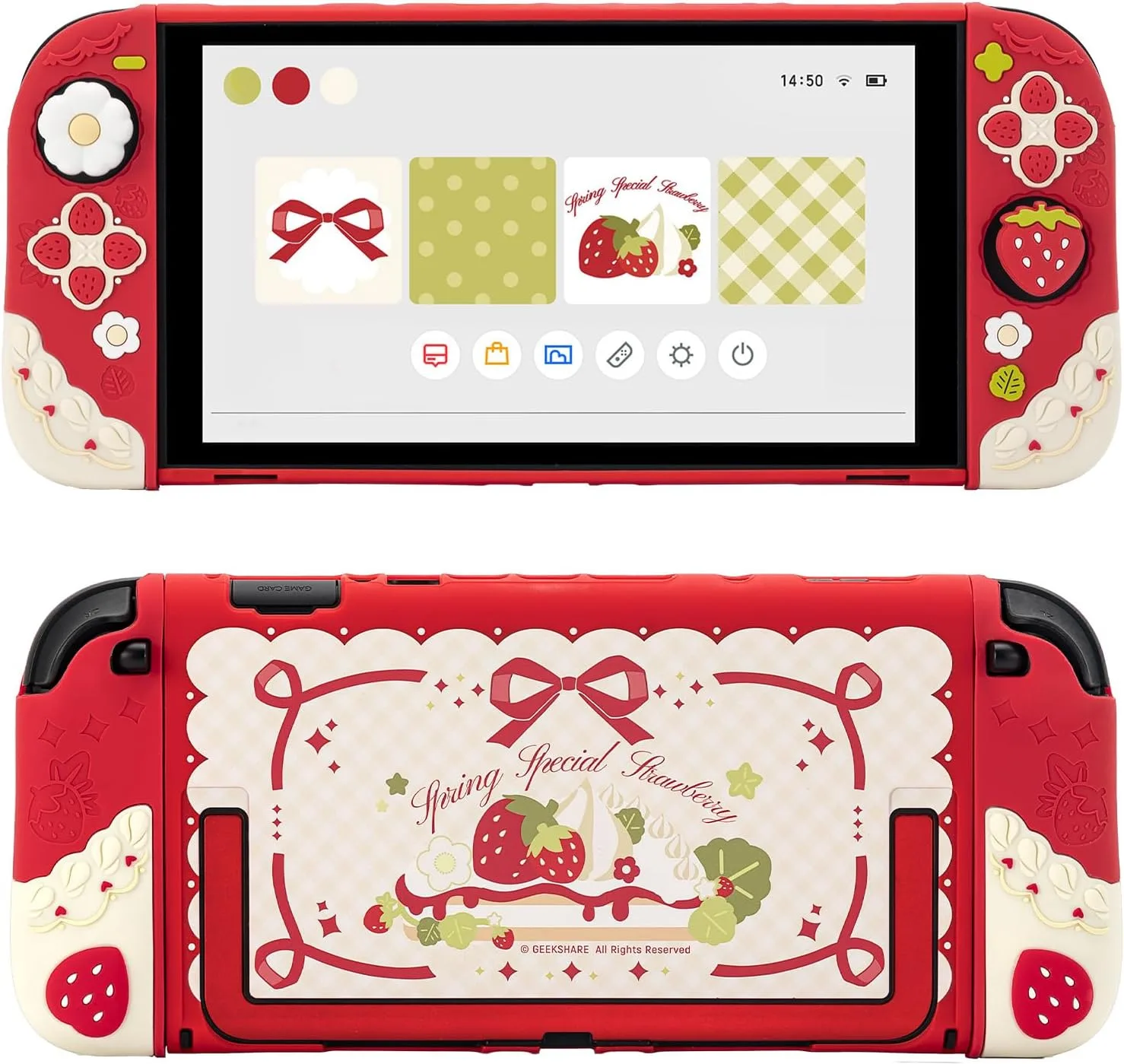 GeekShare Strawberries with Cream Case Compatible with Switch 2, Slim Separable Soft Silicone Protective Shell with 2 Thumb Grip Caps - Red