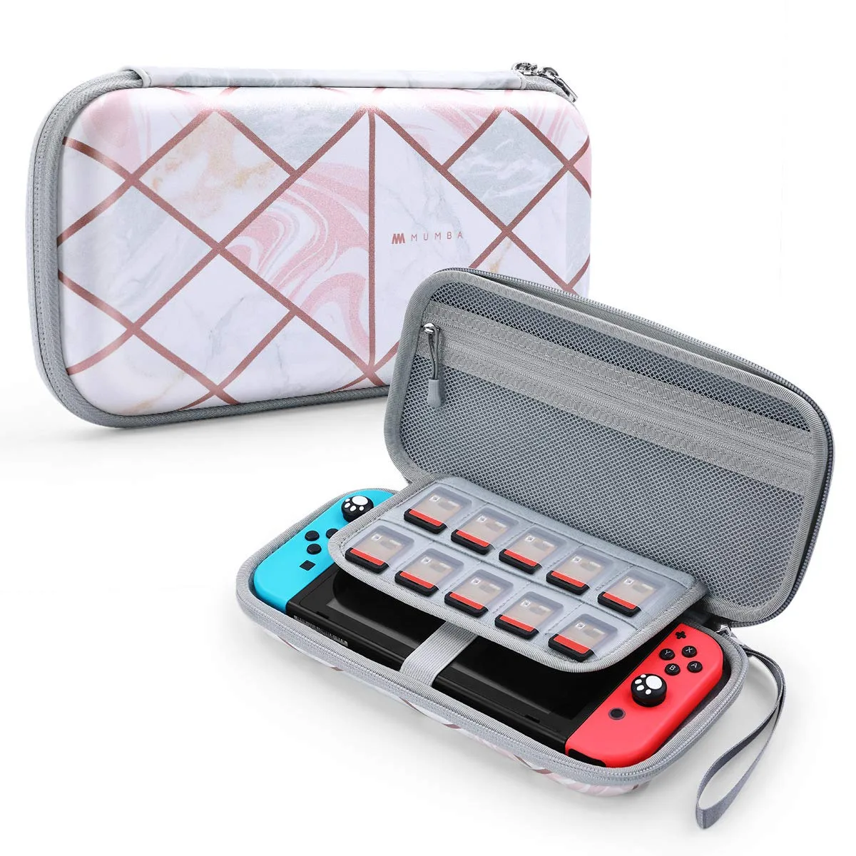 Mumba Carrying Case for for Nintendo Switch OLED & Nintendo Switch, Deluxe Ulta Slim Hard Shell Travel - holds 10 Game Cartridges -Pink Marble
