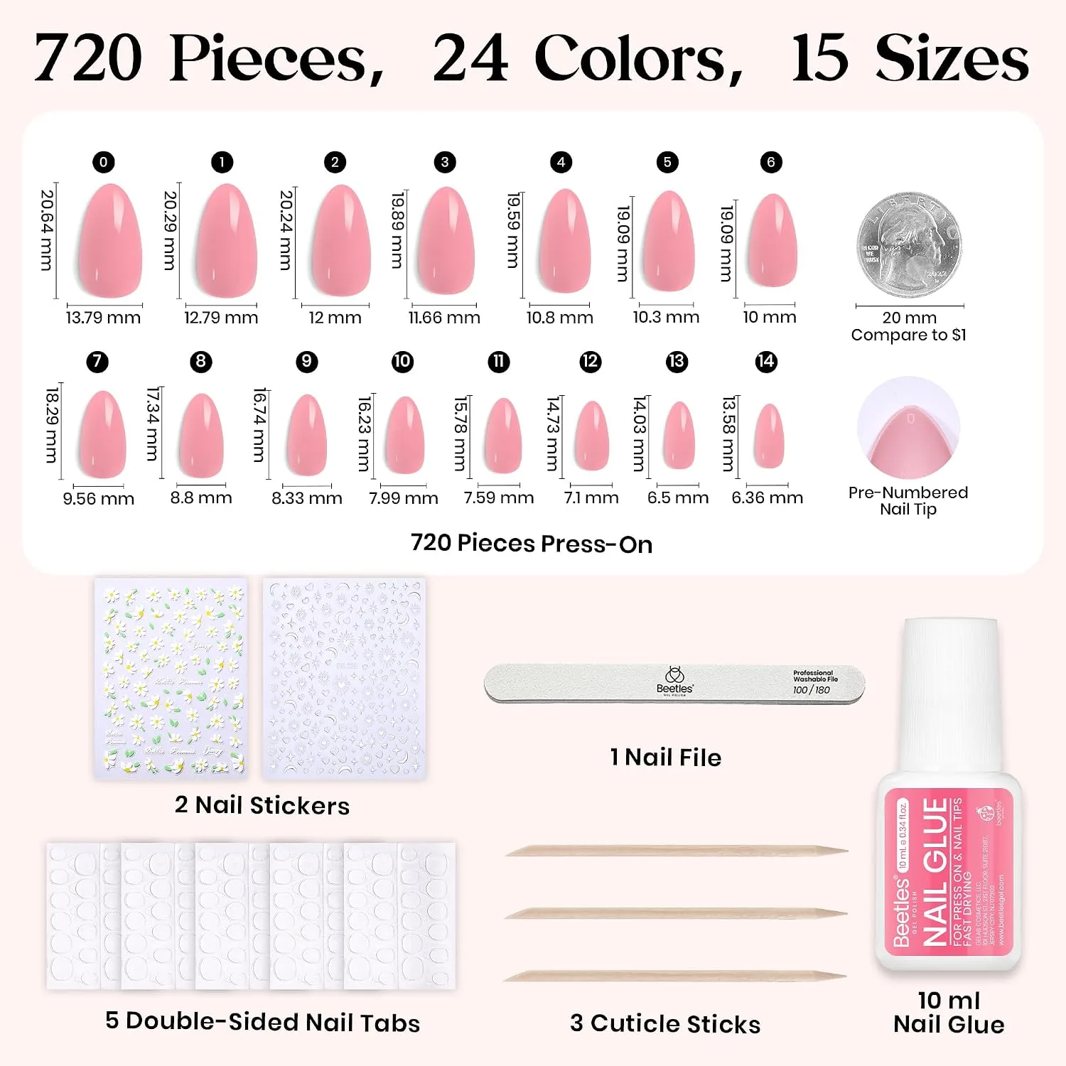 Beetles Press On Nails Kit - Rainbow Gleam, 720 Pcs 24 Colors Short Almond