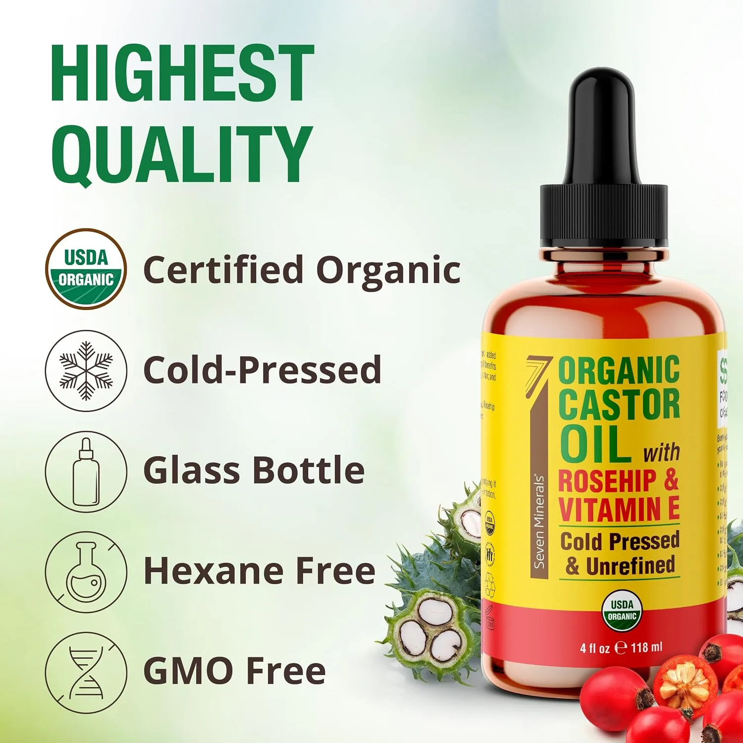 Seven Minerals Organic Castor Oil with Rosehip & Vitamin E for Eyelashes, Eyebrows, Face & Hair Growth - Glass Bottle, Cold Pressed & Hexane Free - Hydrates & Boosts Natural Hair Growth - 4 fl oz