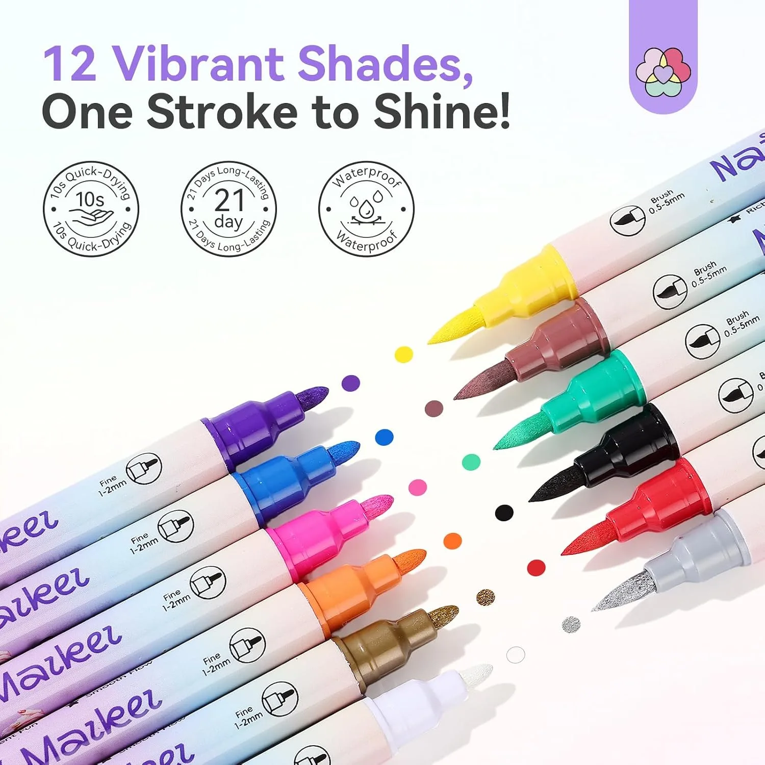 SAVILAND 12 Colors Nail Art Pens Set, 0.5mm Dual Tip Nail Polish Pens