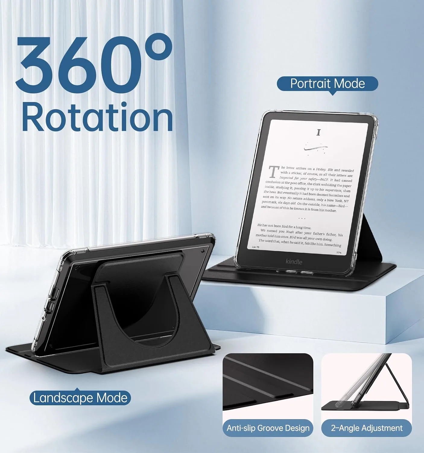 MoKo 360°Rotating Detachable Case for 7" eBook Reader, Silk Black