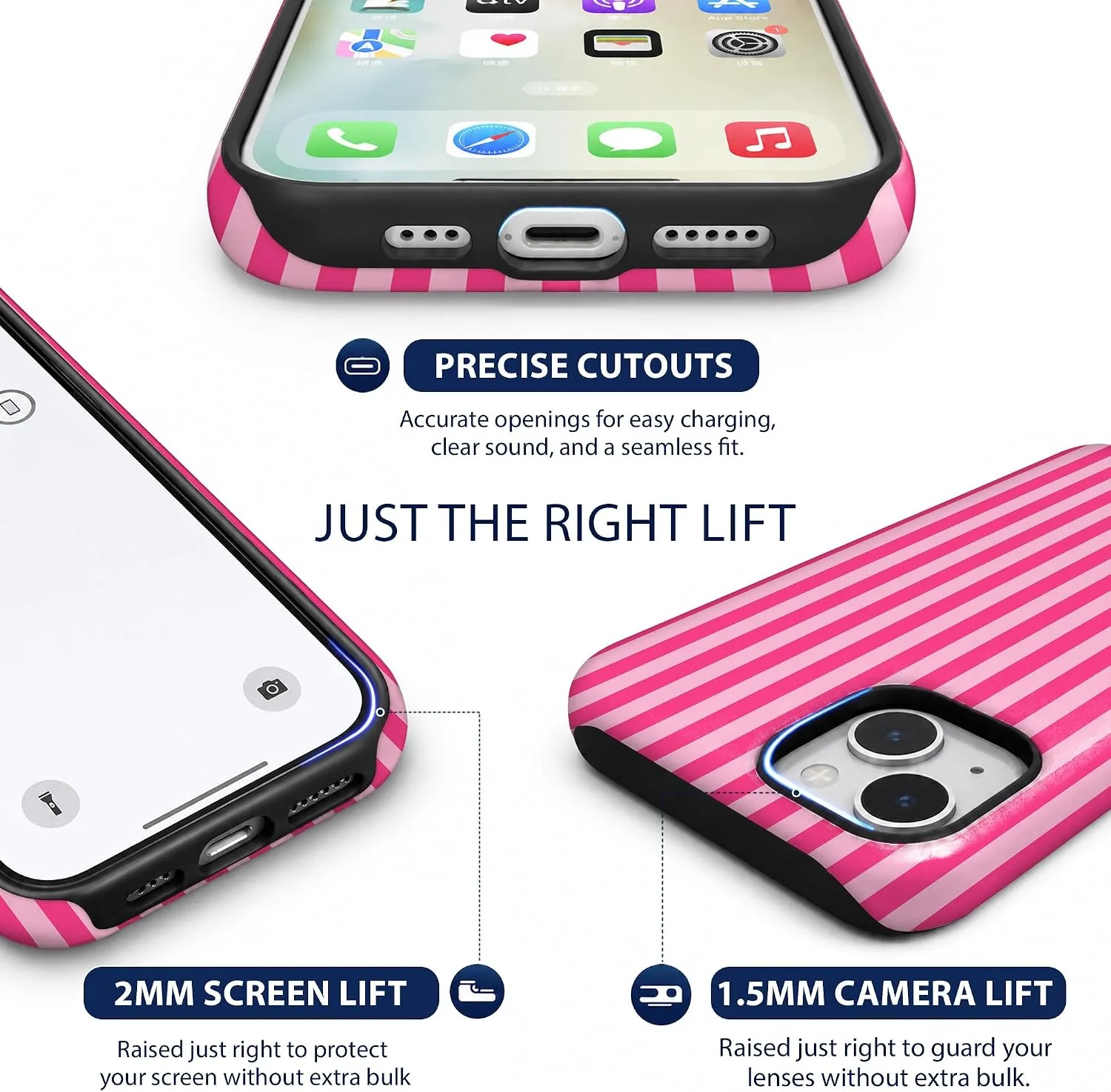 Magnetic for iPhone 13/14 Phone Case, Cute Trendy Hot Pink Striped