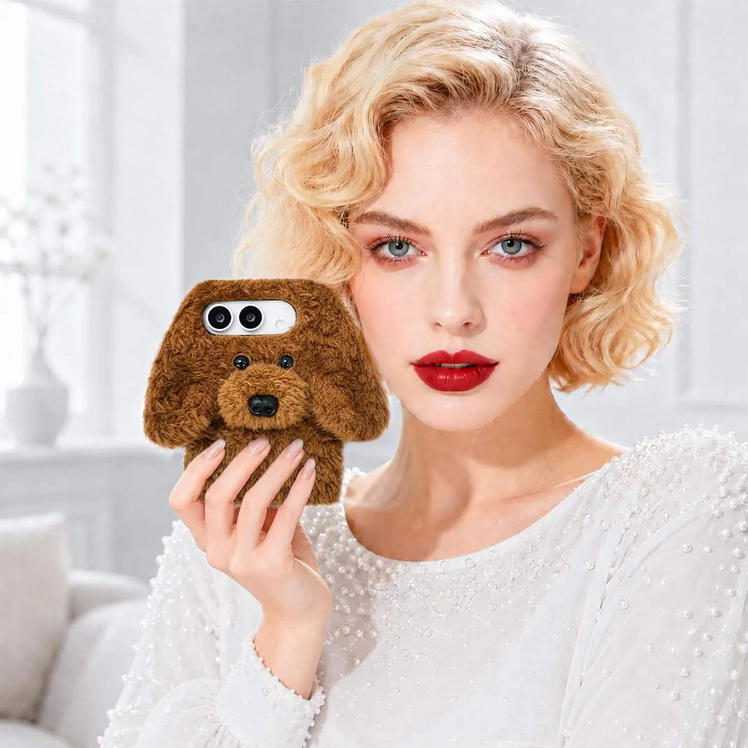 Losin for iPhone Duo Plush Furry Dog Cartoon Case, Brown