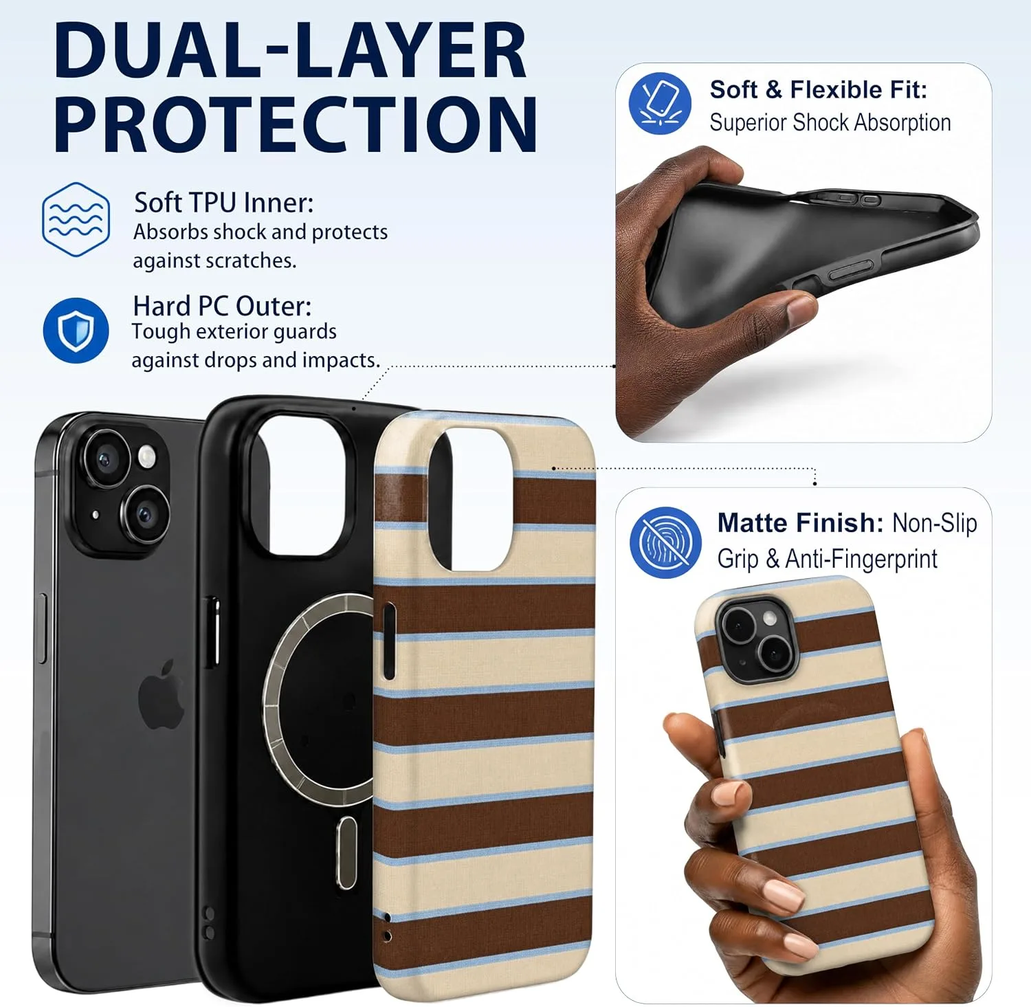 Magnetic for iPhone 15 Brown Horizontal Striped Phone Case Stripes