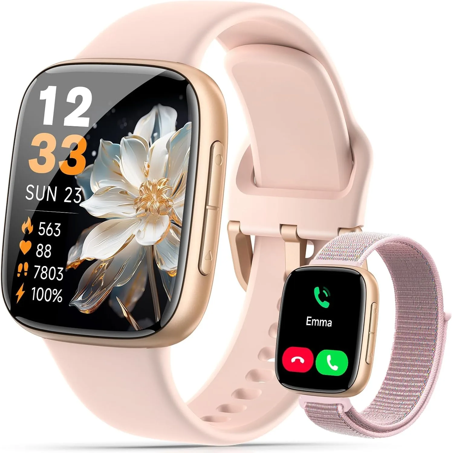 Quican Smart Watch for Women Men (2 Bands), 1.8" AMOLED Smartwatch for iPhone & Android, Heart Rate/ SpO2/ Sleep Monitor, 3ATM Waterproof, Calls & Messages, 120+ Sports Modes Fitness Tracker (Pink)