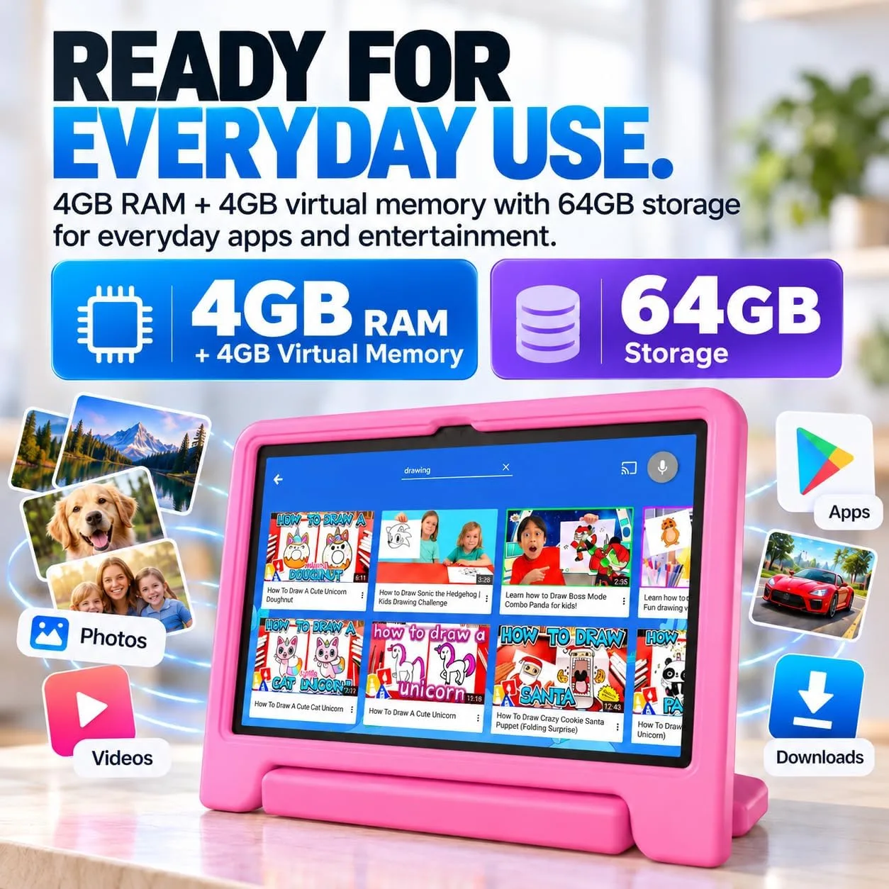 JREN
10.1"
Android
15
Tablet
with
Case,
64GB
Storage,Octa-Core
Pink