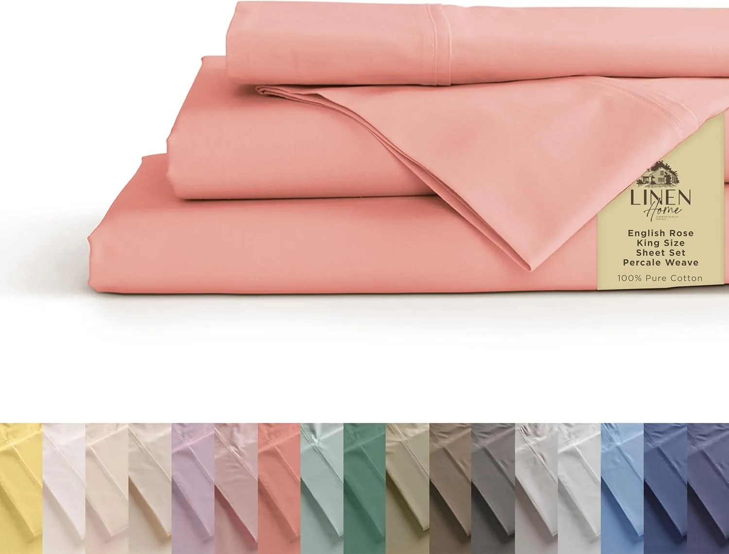 Linen Home 100% Cotton Percale King Sheets, 4Pc Cooling Set - English Rose