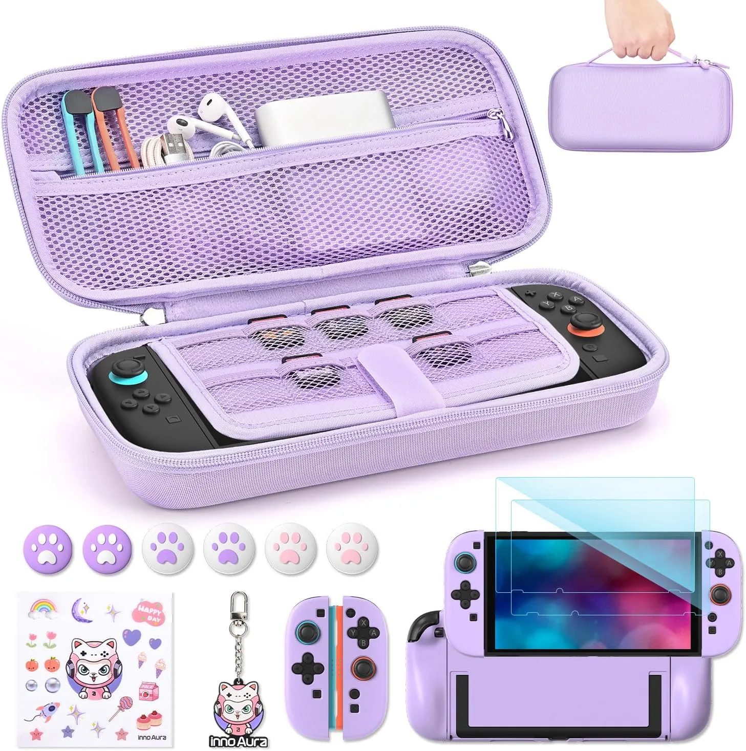 innoAura Switch 2 Case 14-in-1 Bundle for NS Switch 2 (2025), with Carrying Case, Protective Cover, Thumb Grips, Screen Protector, Cute Pendant and Sticker, Purple