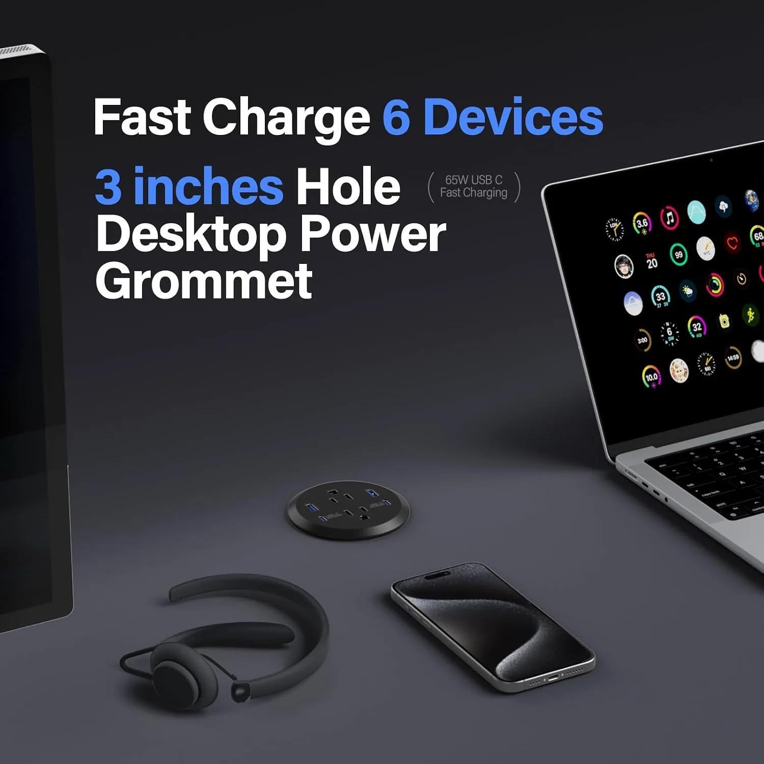 Recessed Power Grommet 65W USB-C,2 Outlets,Flush-Mount,Black