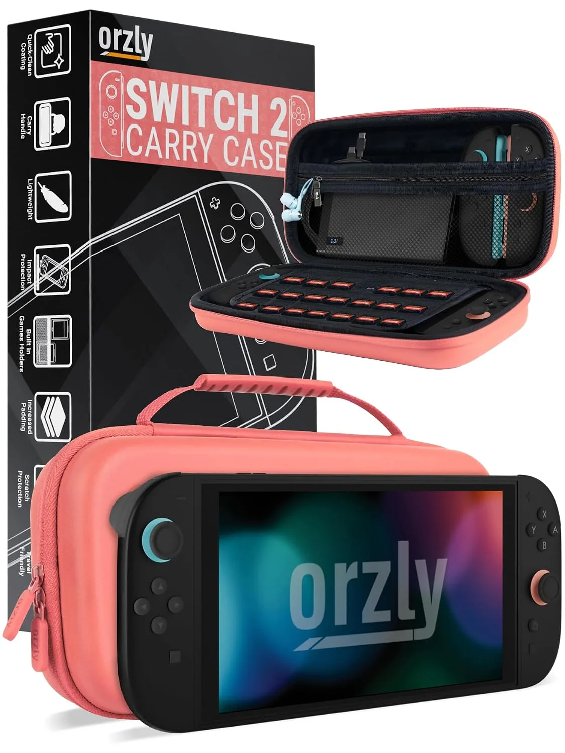 Orzly Case Compatible with Nintendo Switch 2 – Protective Travel Carry Case with Screen Padding, Game Card & microSD Slots, Zipped & Open Pockets for Accessories – 7.9" Gift Boxed