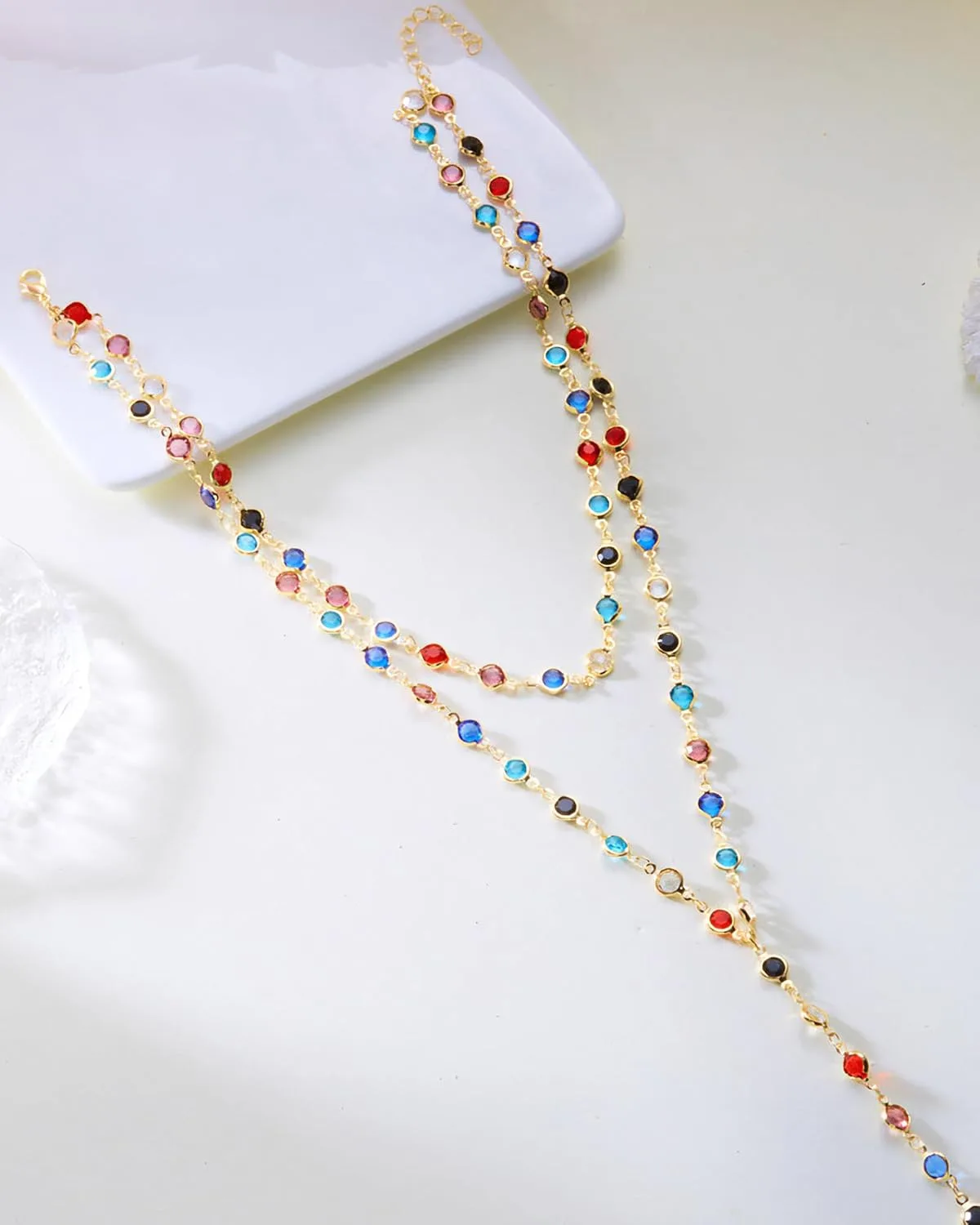 Colorful Y Shaped Necklace for Women Trendy Long Multi Color Crystal Lariat Necklace Sparkly Gemstone Chest Chain Summer Deep V-Neck Dress Outfits Jewelry Accessories