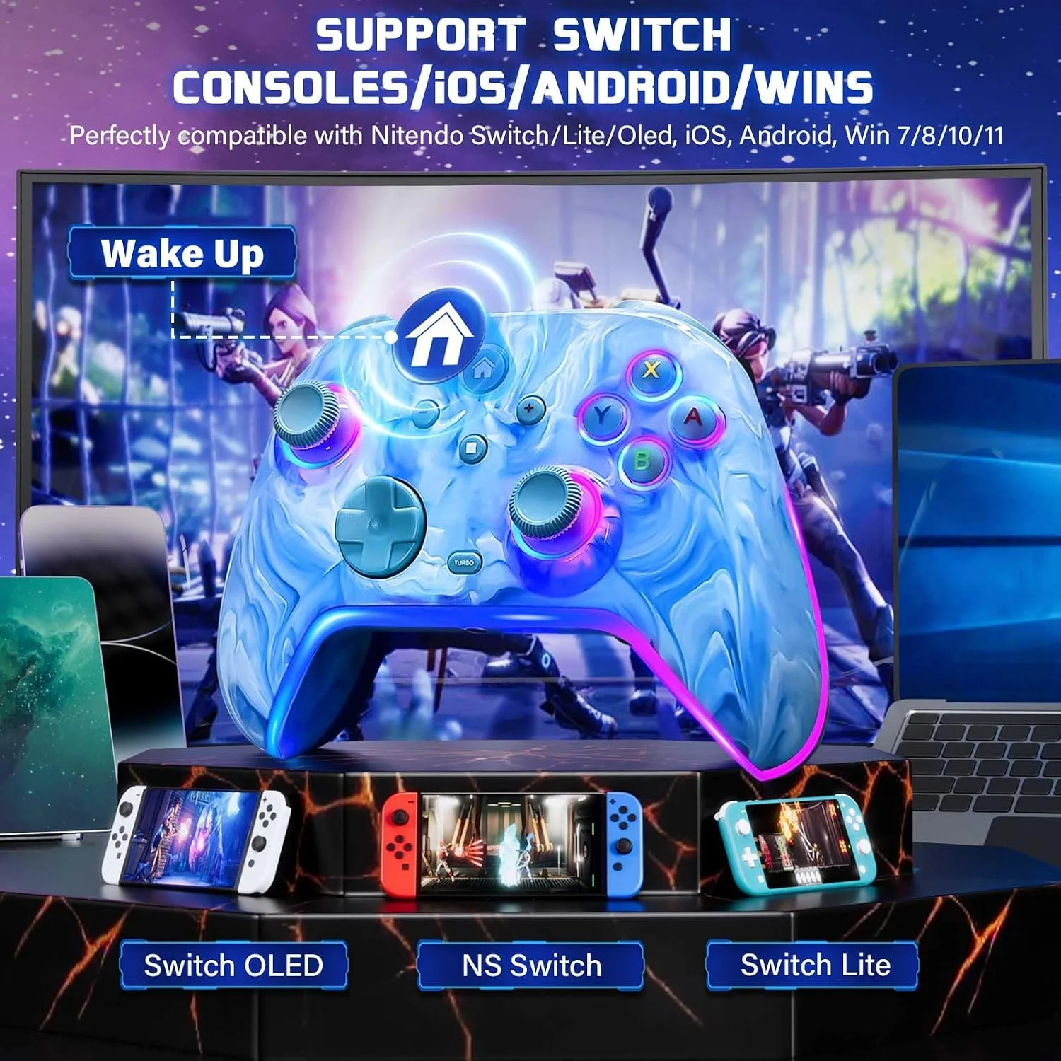 Wireless Pro Controller for Switch/OLED/Lite - 1200mAh Rechargeable Switch Turbo Controller with 10 RGB Led Light, Programmable, Wake Up - Wireless iOS Android Remote Gamepad, Wired PC Game Joystick
