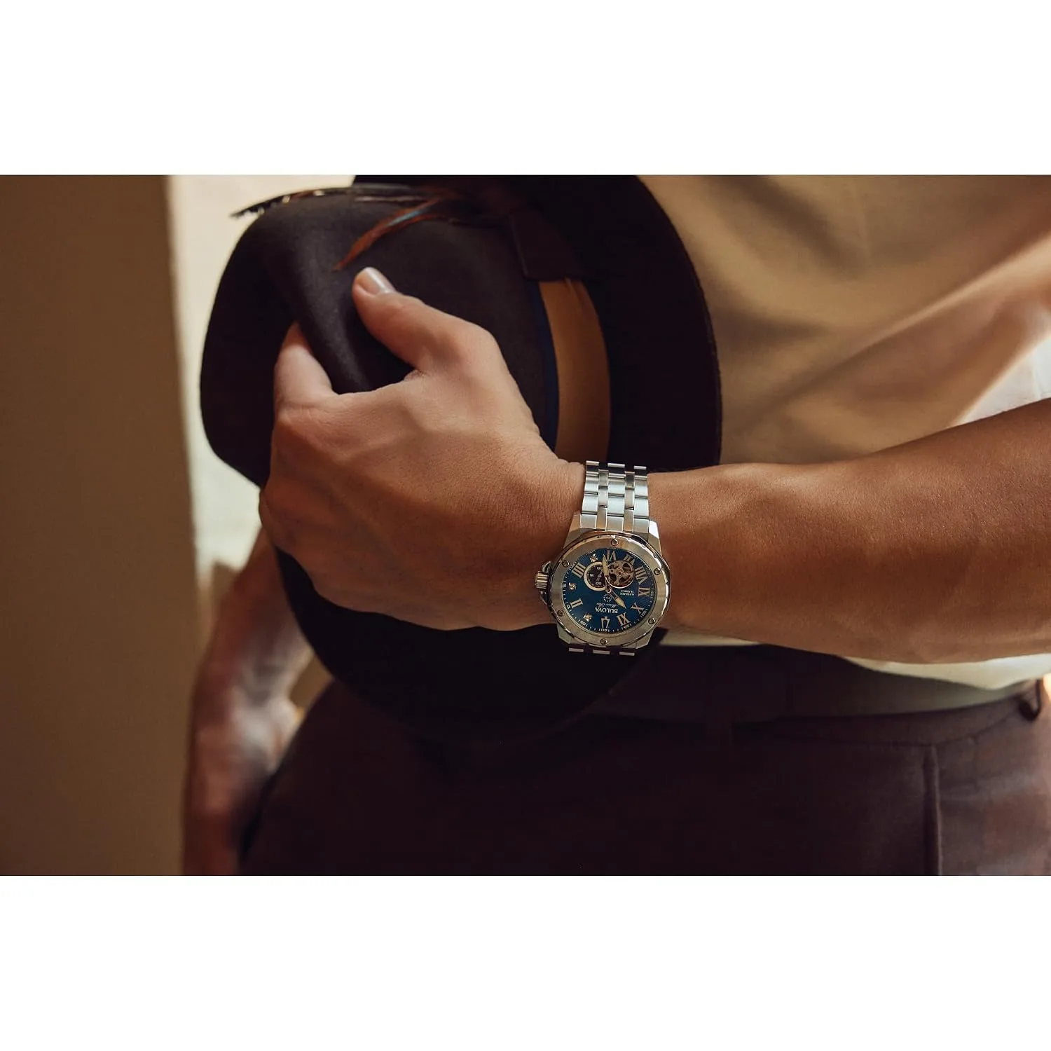 Bulova Marc Anthony Men's Automatic Marine Star Stainless Steel Watch,Open Aperture,Exhibition Case Back,Diamond Accent Blue Sunray Dial, (Model:98D184)