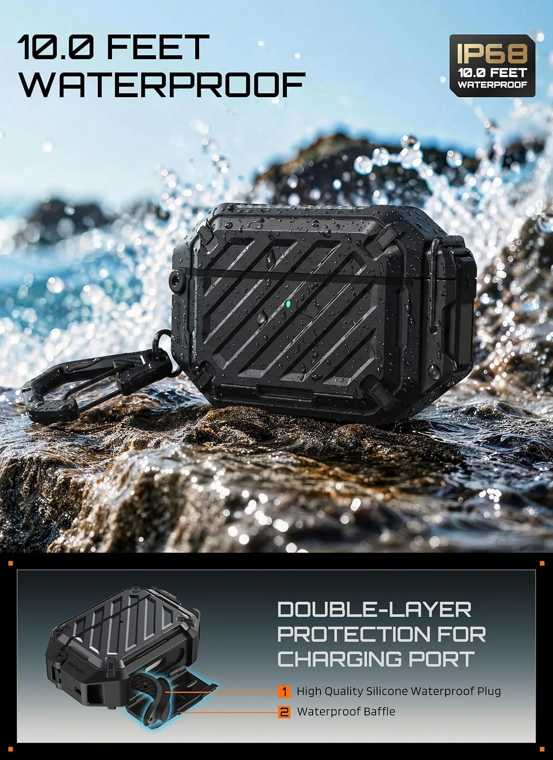 SUPCASE for AirPods Pro 3 Case with IP68 Waterproof, Lock & Carabiner,Black