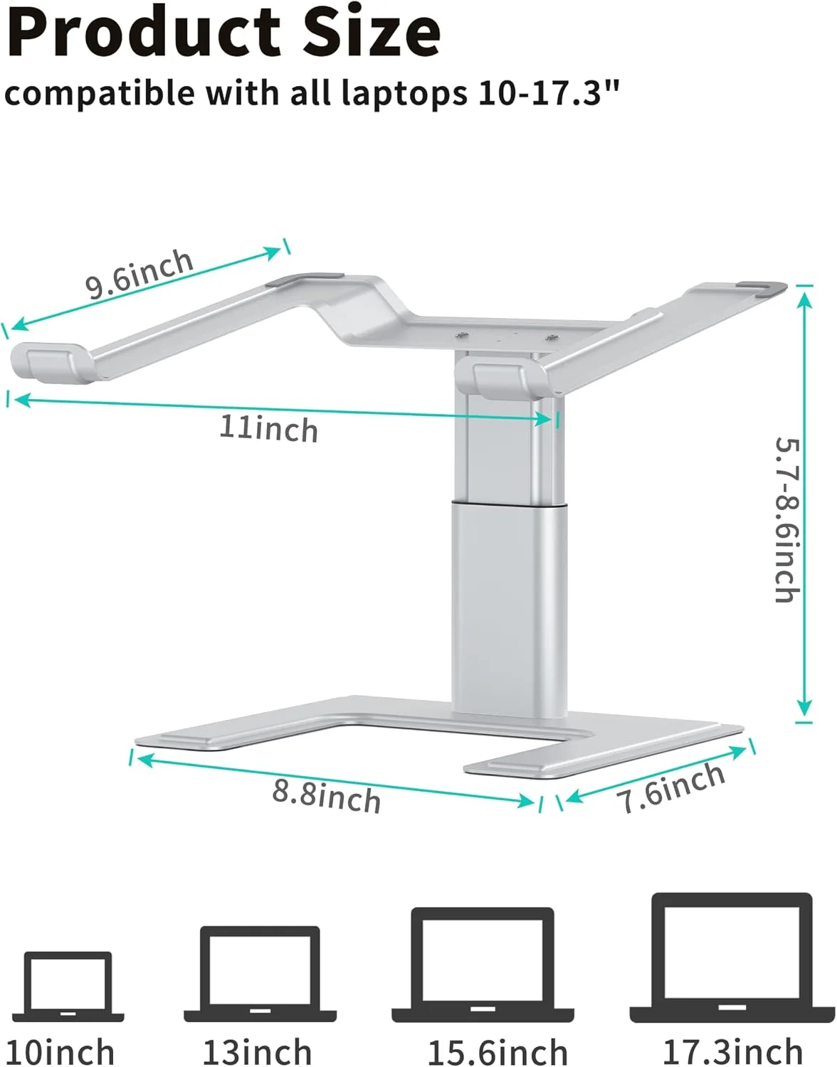 ALASHI Laptop Stand, Height Adjustable Desk Riser, 10-17.3", Silver