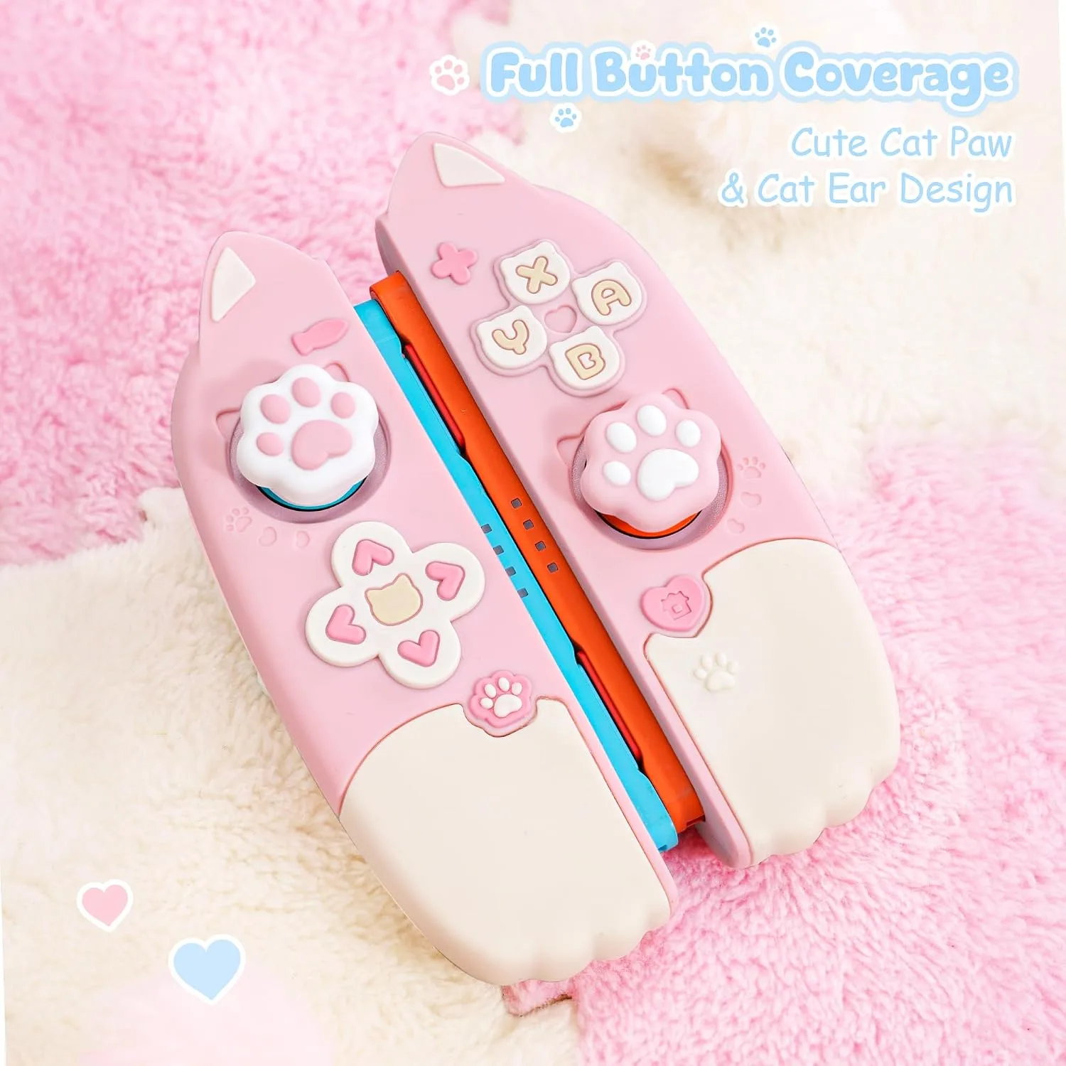 Geekshare Protective Case Set Compatible with Switch 2, PC Back Plate with Silicone Joysticks Covers, Includes 2 Thumb Grips, Waterproof Protection (Pink Cat, for Switch 2)