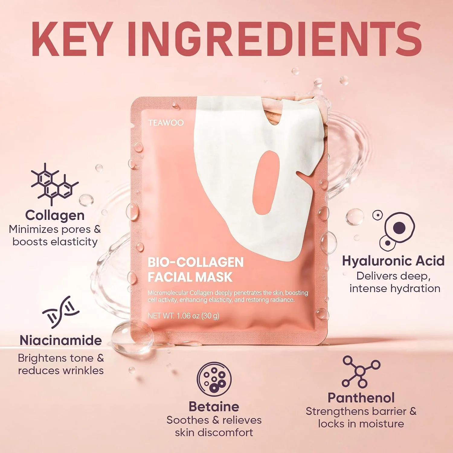 Bio-Collagen Facial Mask 8 EA, Hydrating & Soothing Hydrogel Face Mask