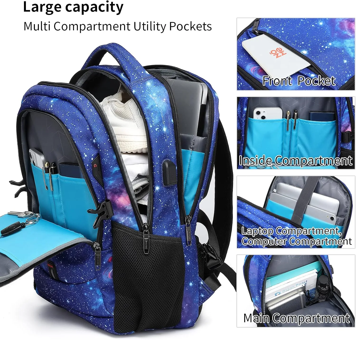DUSLANG 17 Inch Travel Laptop Backpack Water Resistant College Backpack for Men Laptop Bag with USB Charging Port,Sky Blue