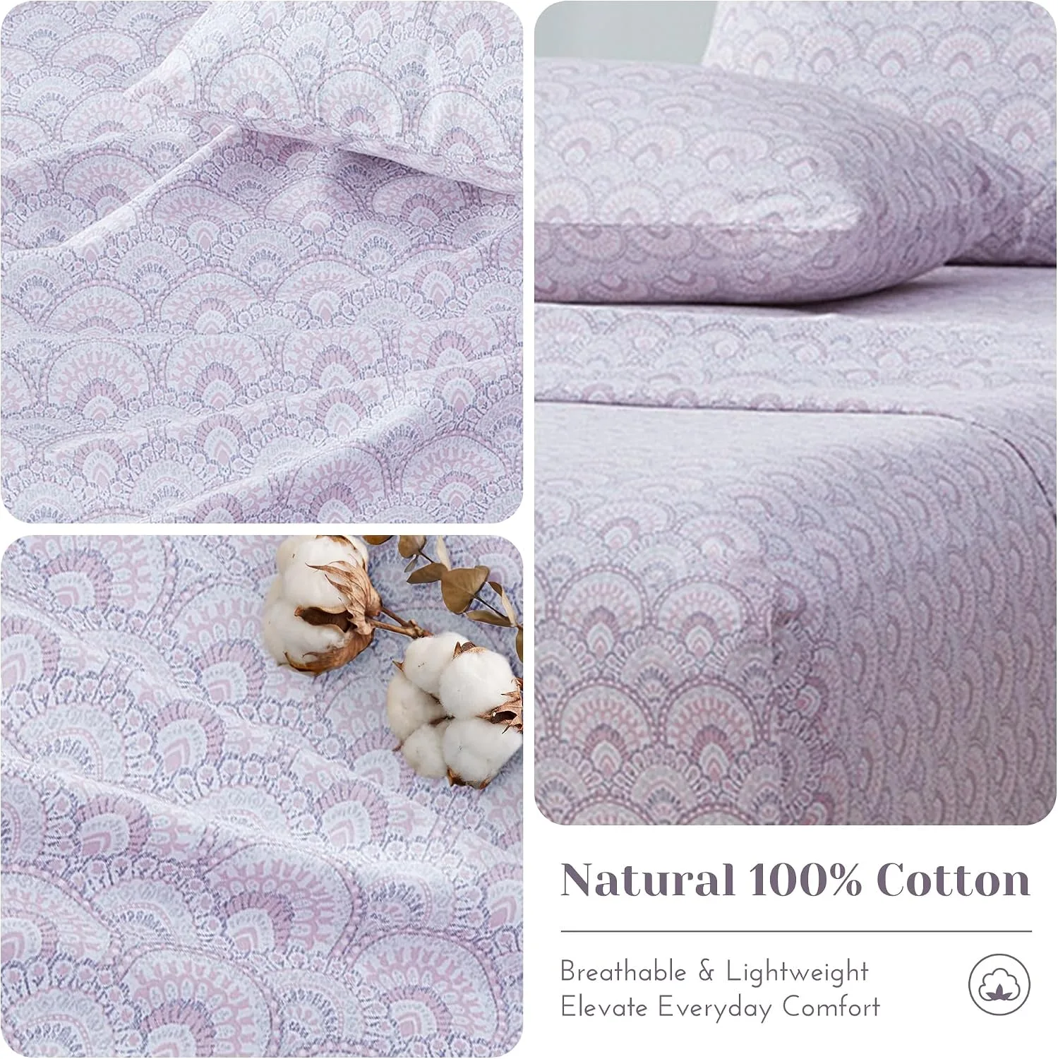 Comfort Spaces 100% Cotton Percale Sheets Queen Size 4 Pcs, Tabitha Purple