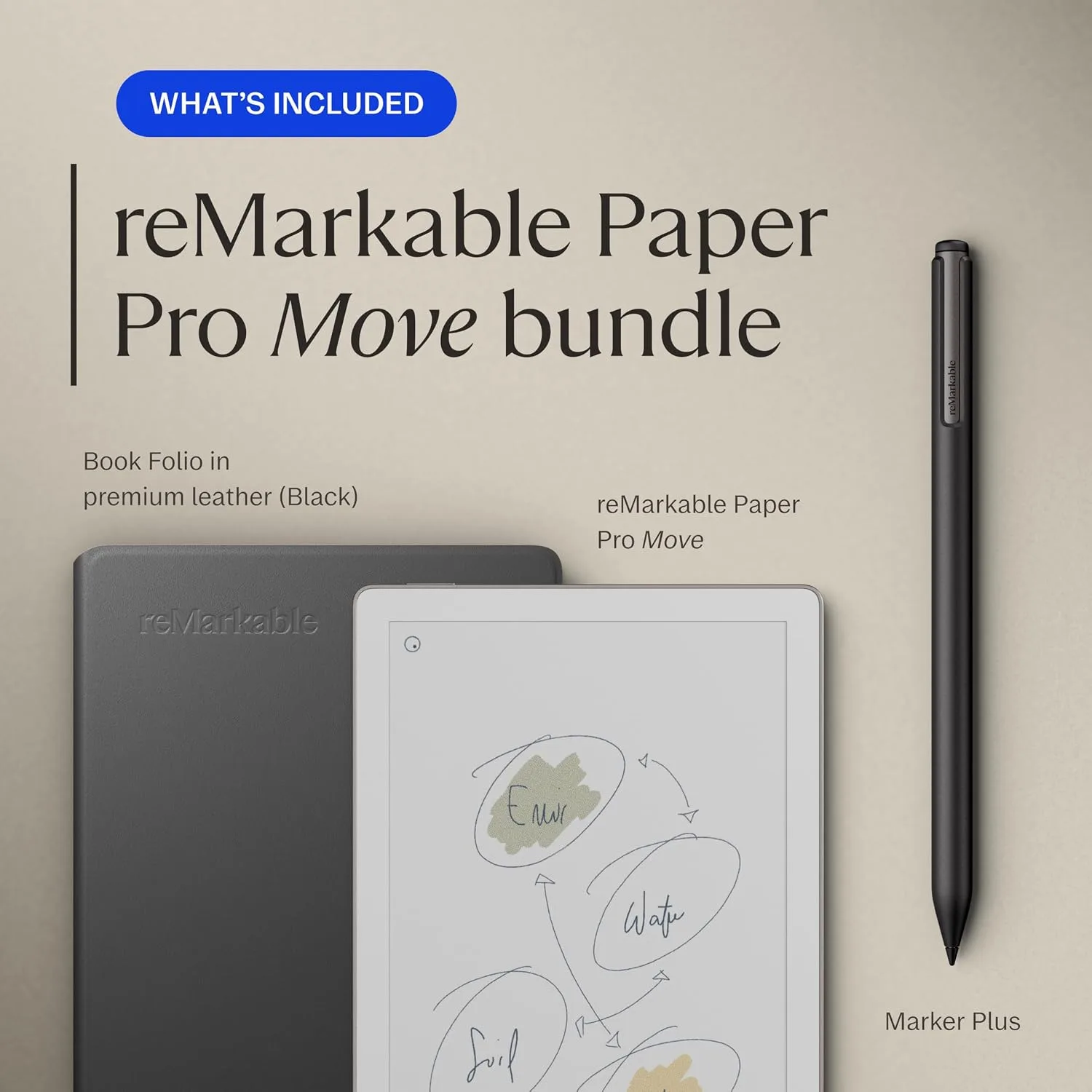 reMarkable Paper Pro Move with Marker Plus and Black Leather Book Folio