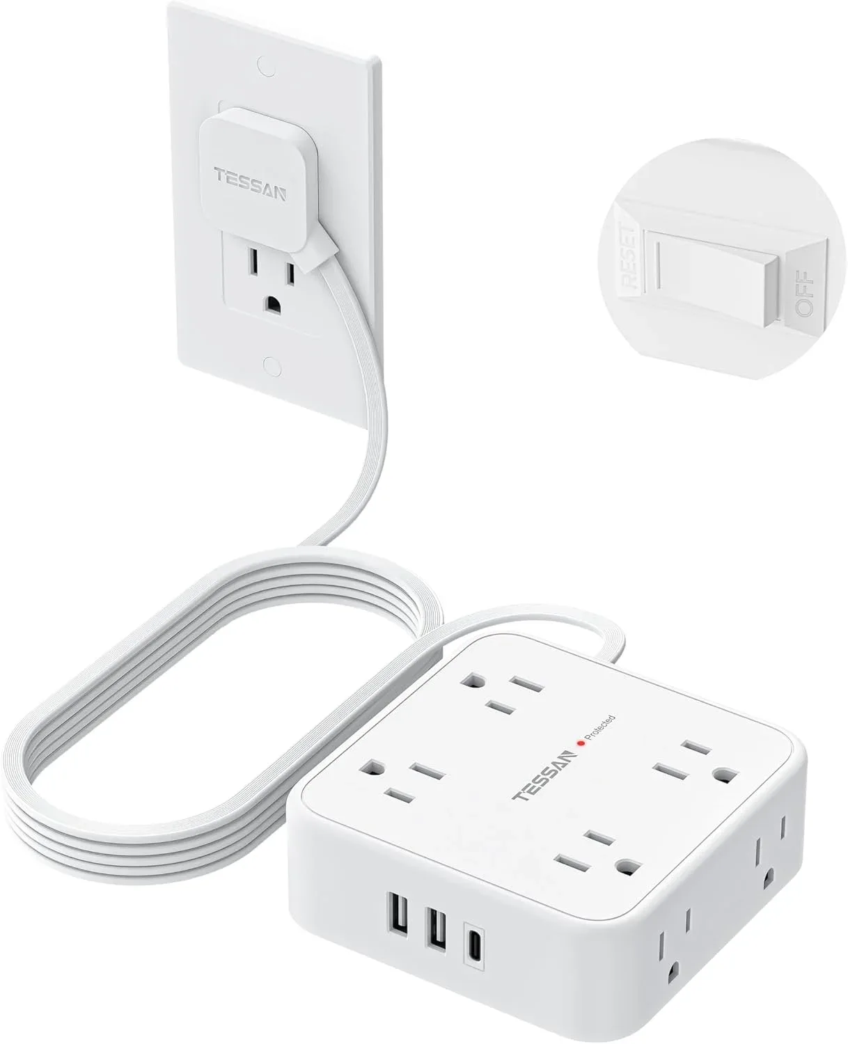 Extensión de corriente TESSAN con protección de sobretensión 900J, 8 tomas, USB C y 2 USB A, cable 10 pies, blanco