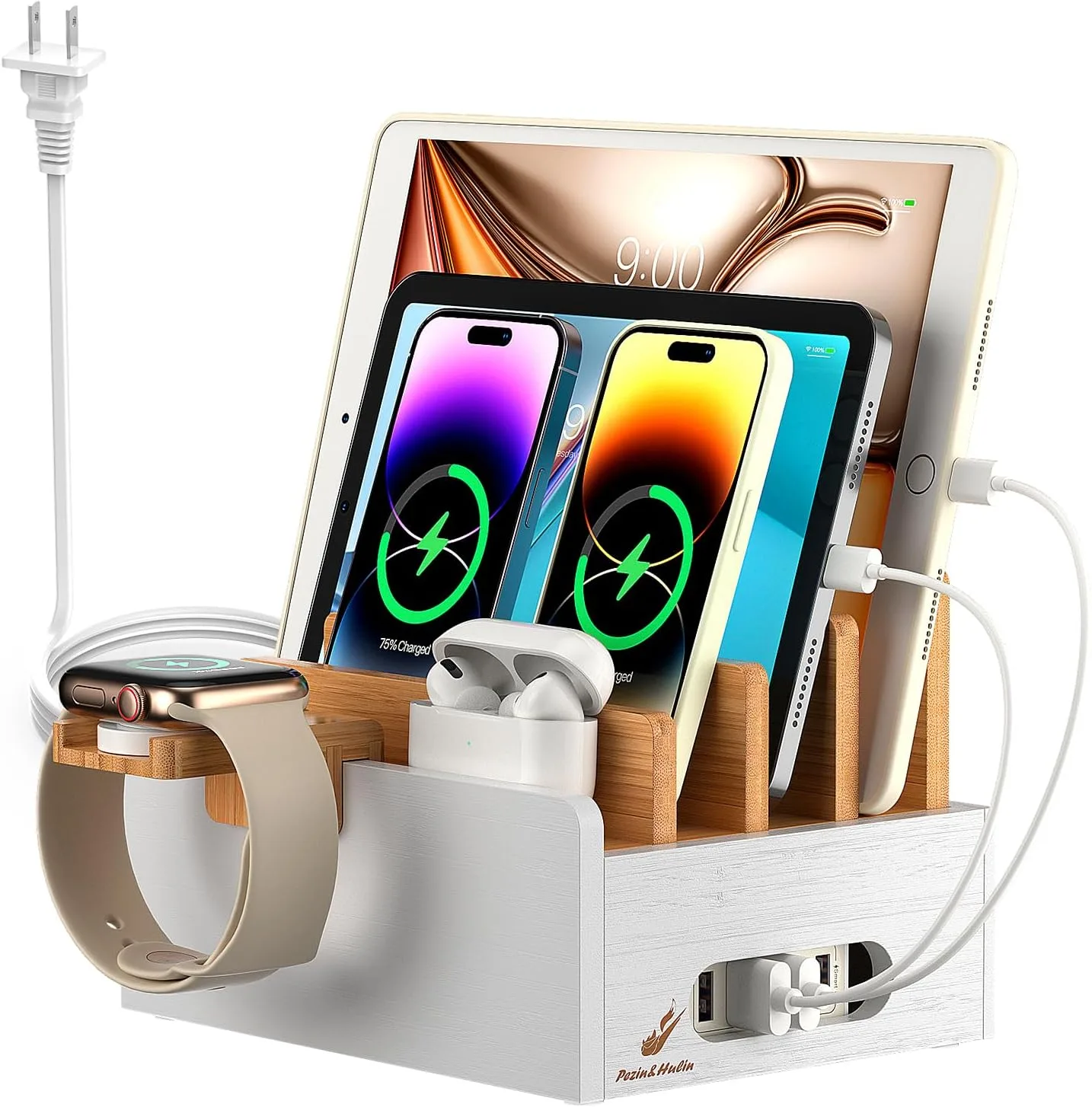 Pezin & Hulin Bamboo Charging Station with USB Charger&Cables-Natural+White