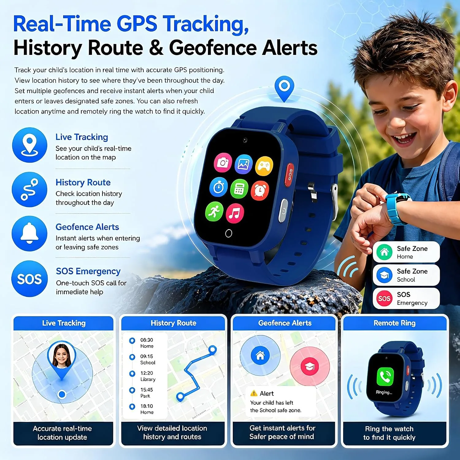 4G Kids Smart Watch with GPS Tracker, Video & Voice Call, SOS, WiFi, IP68 Waterproof, AI Smart Features, Parental Control Phone Watch for Boys Girls Age 3+ (SIM Card Included)