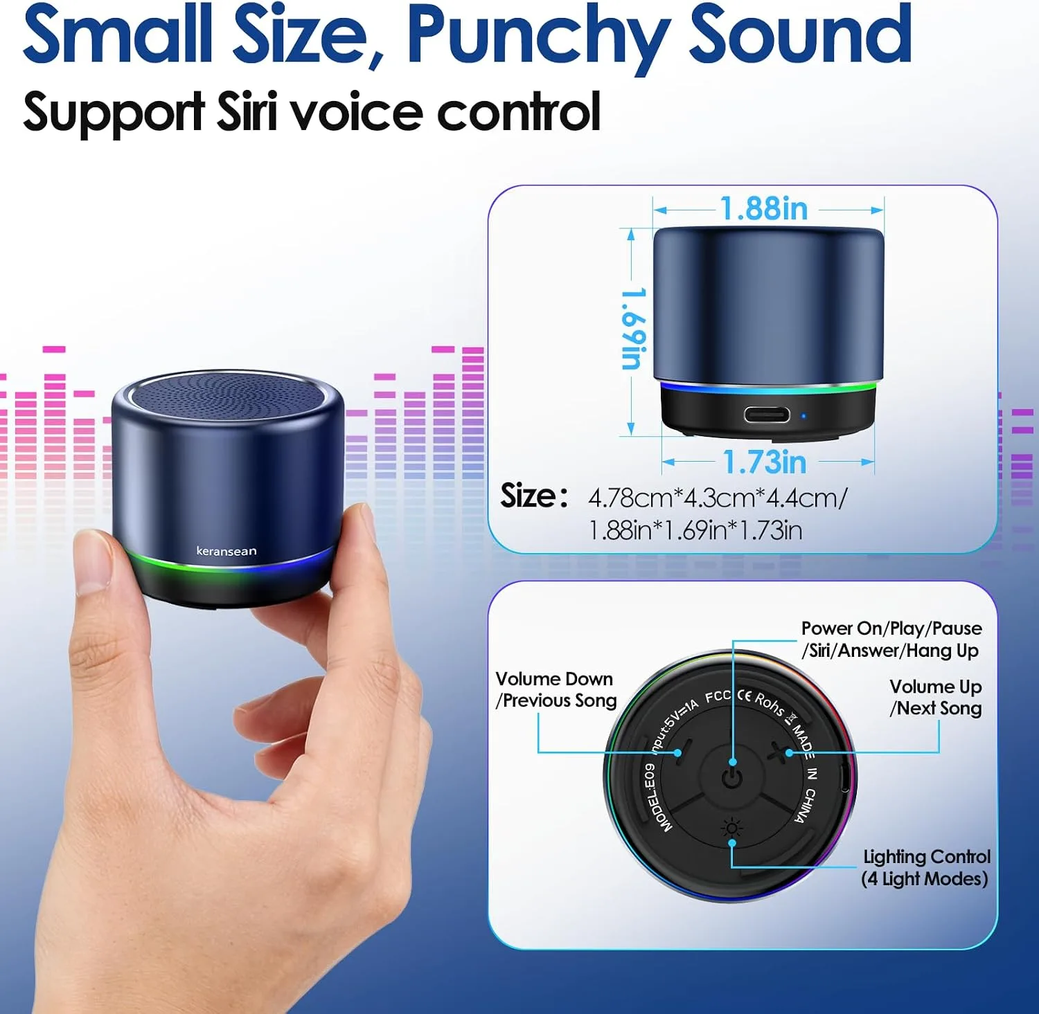 Small Bluetooth Speaker with Lights, Mini Speakers with BT5.4, Stereo Sound