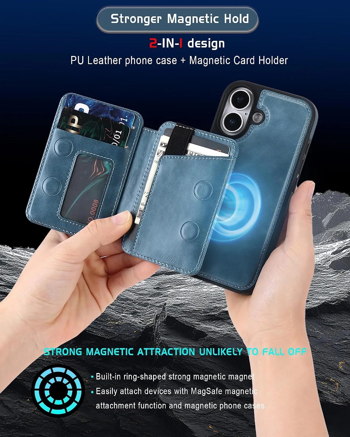 Magnetic Detachable Wallet Case for iPhone 17 with Kickstand,2-in-1 MagSafe Compatible RFID Blocking Card Holder,Slim PU Leather Cover Blue