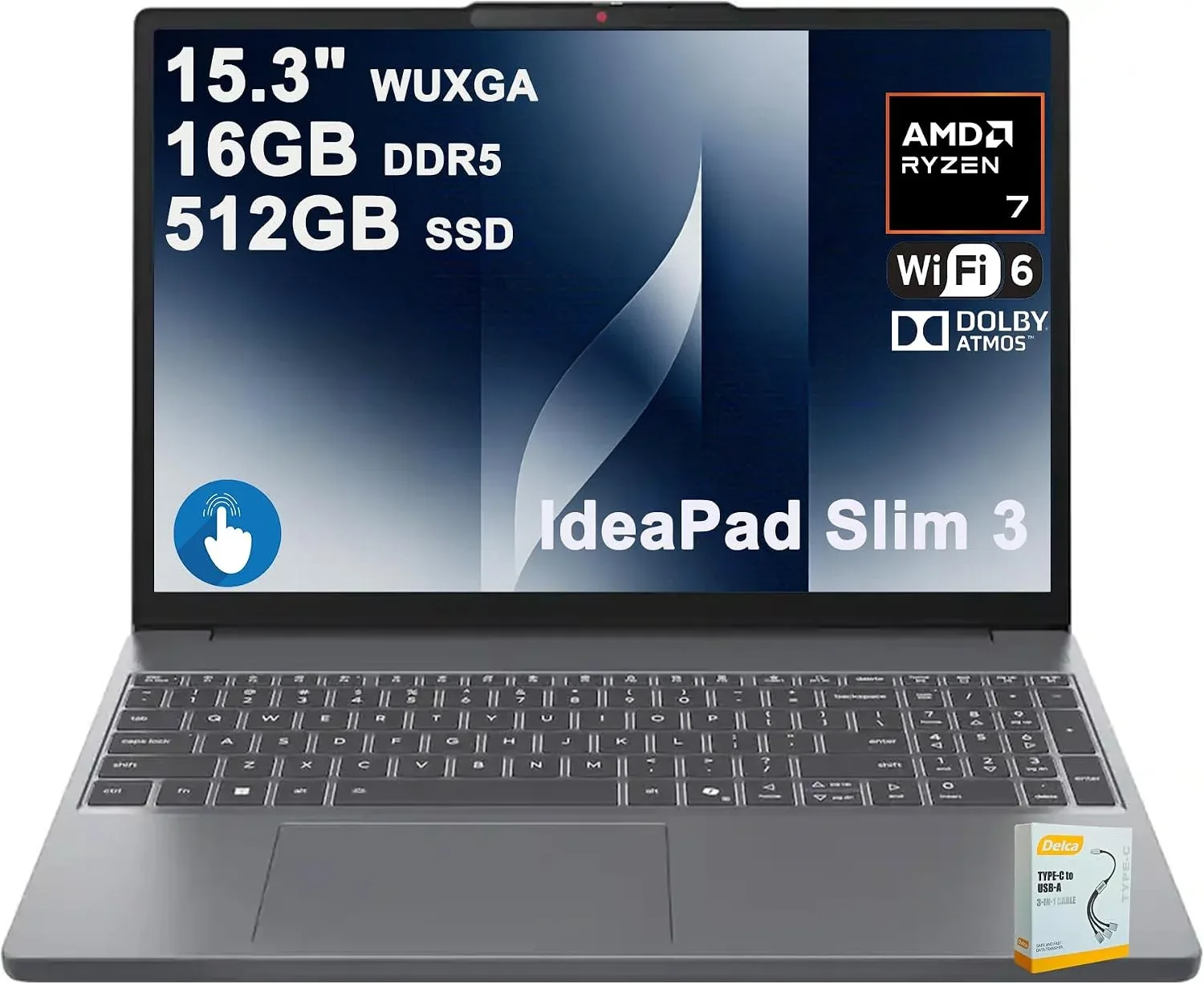 Lenovo IdeaPad Slim 3 Business Laptop | 15.3" WUXGA IPS Anti-Glare Touchscreen | AMD 8-core Ryzen 7 170 | 16GB DDR5 512GB SSD | Type-C Privacy Camera Long-Lasting Battery Win11 w/DLCA Accessor