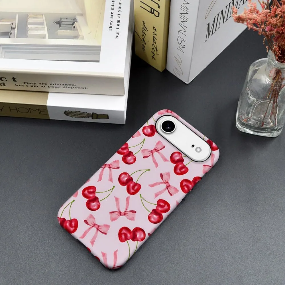 Case Compatible with iPhone 17 Air,Fall Prevention Hybrid 2-Layer Hard Shell Phone Cover for Girls Boys,Pink Bow Cherry Ribbon Fruit