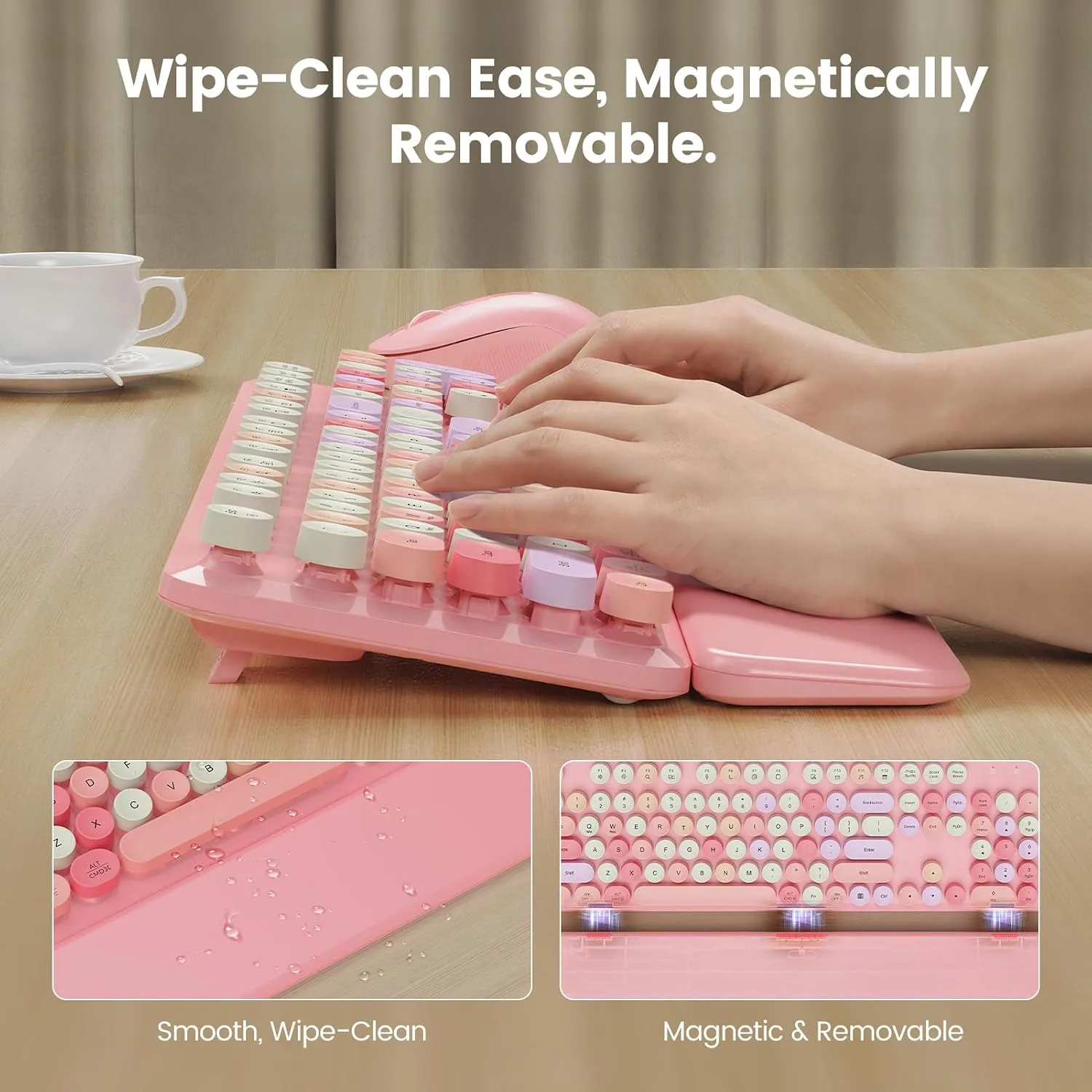 Wireless Keyboard and Mouse Combo, Magnetic Wrist Rest, Round Keycaps, Pink