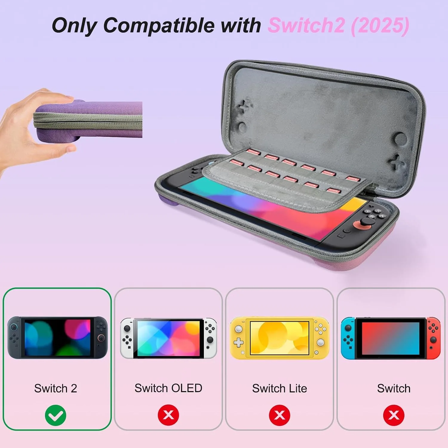 Cute Travel Carrying Case for Switch 2 2025 with Silicone j-con Covers, Thumb Grip Caps, Screen Protector, Flower Strap, Charms and Embroidery stickers for Girls Women, Purple-Pink