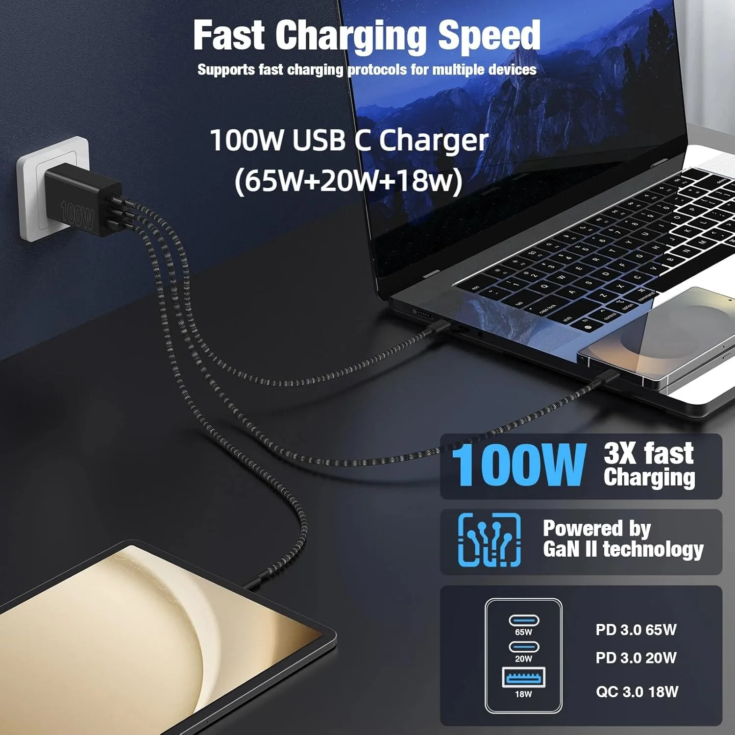 65W Super Fast Charger Type C for Samsung,3 Port 100W Quick Charging 3.0 USB C Block & 3/6/10/10FT Braided Type C Cord for Samsung Galaxy S26 Ultra/S26/S25 Ultra/MacBook Air/iPhone 17 18 Pro-Blue