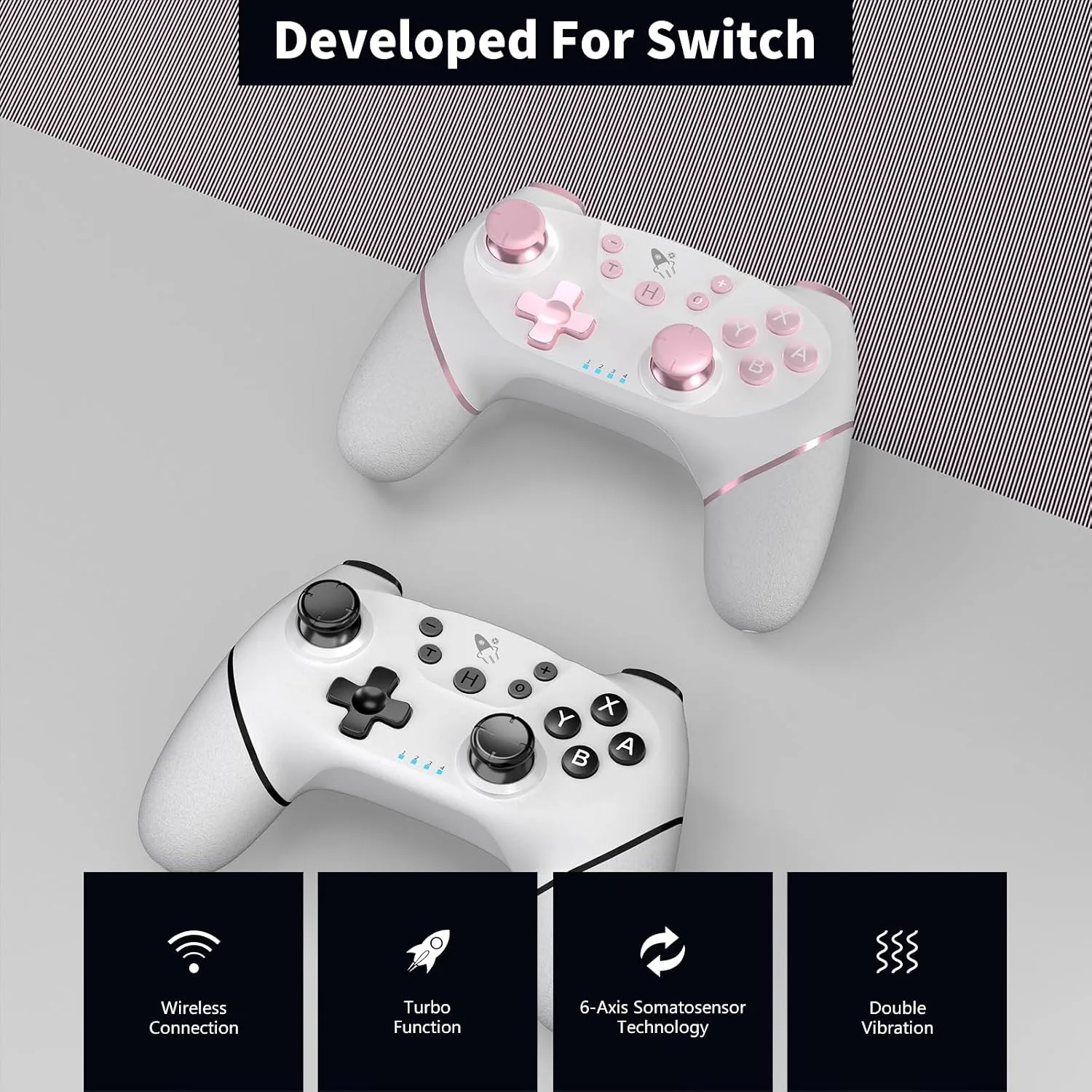 AceGamer Wireless Pro Controller for Nintendo Switch/Lite/OLED/Switch 2/PC, 2 pack, Hall Effect Joystick for Switch 2 Pro Controller with Wake-Up/Dual Vibration/Turbo/Ergonomic ! (White and Pink)