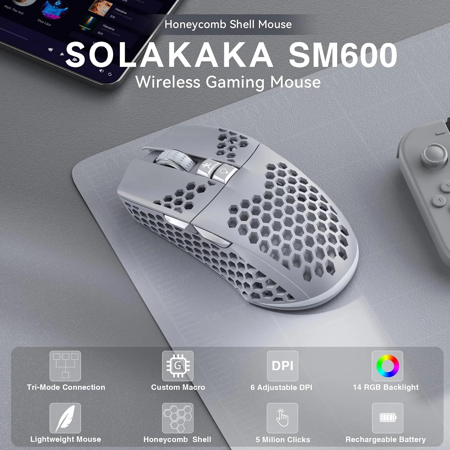 SOLAKAKA SM600 Wireless Wireless Gaming Mouse with Honeycomb Shell,Gray