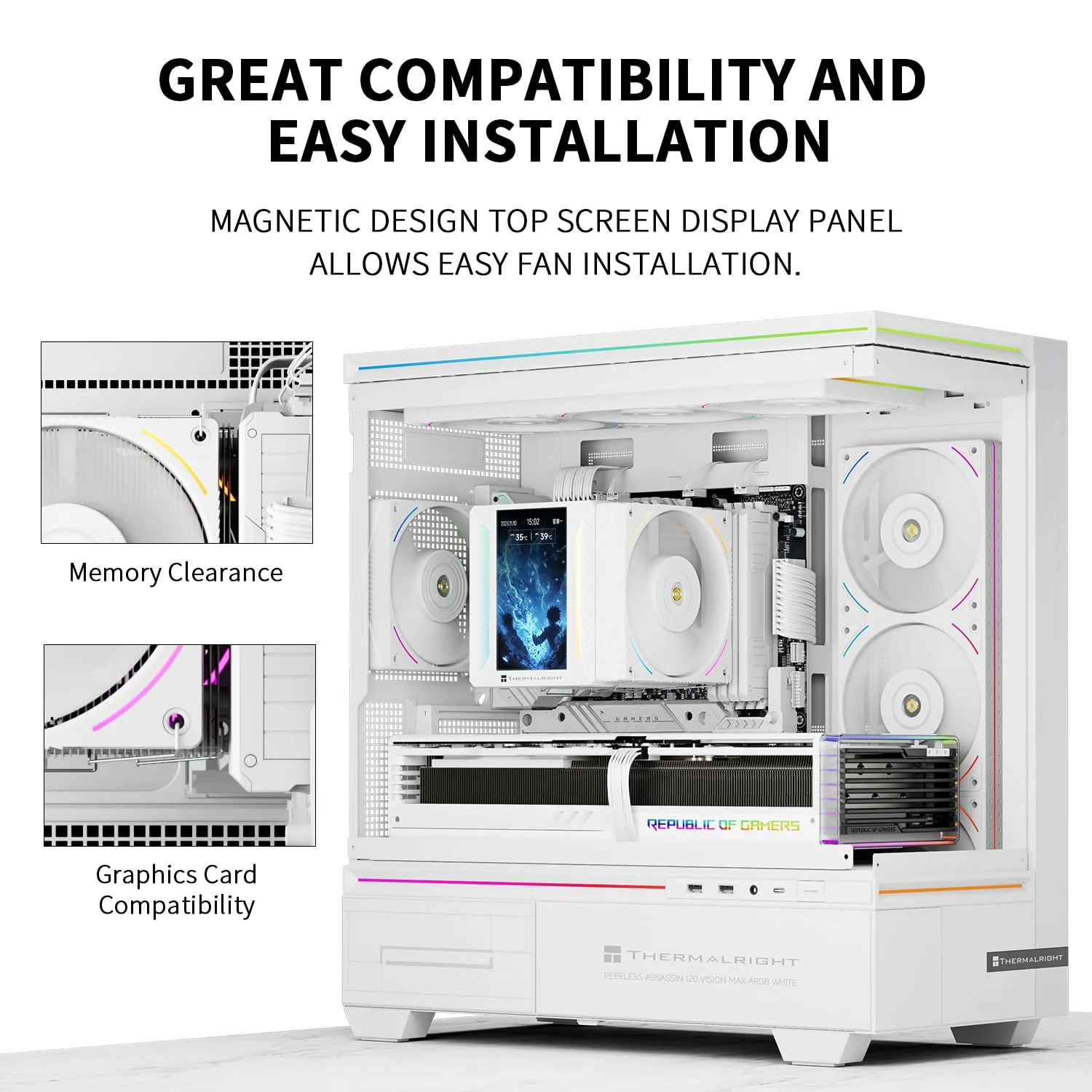 TR Thermalright Peerless Assassin 120 Vision MAX ARGB White CPU Air Cooler,PC Heatsink Cooler with Dual PWM Fans,PC Display Screen Cooler of 5’’-Magnetic,480x854 Resolving,for LGA1851/1700,AM5