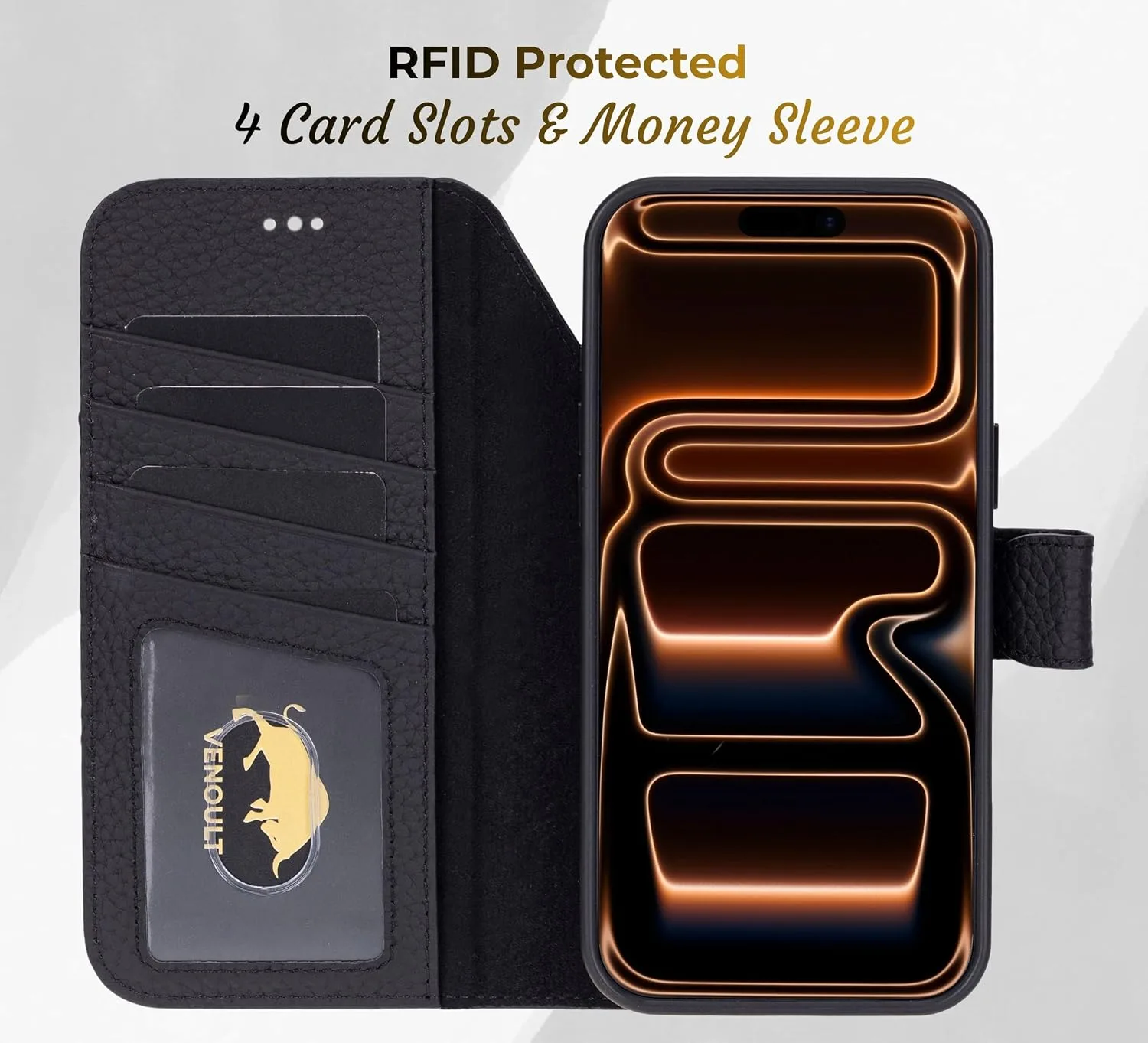 VENOULT Pebble Black Wallet Case for iPhone 18 Pro MAX, Full Grain Leather