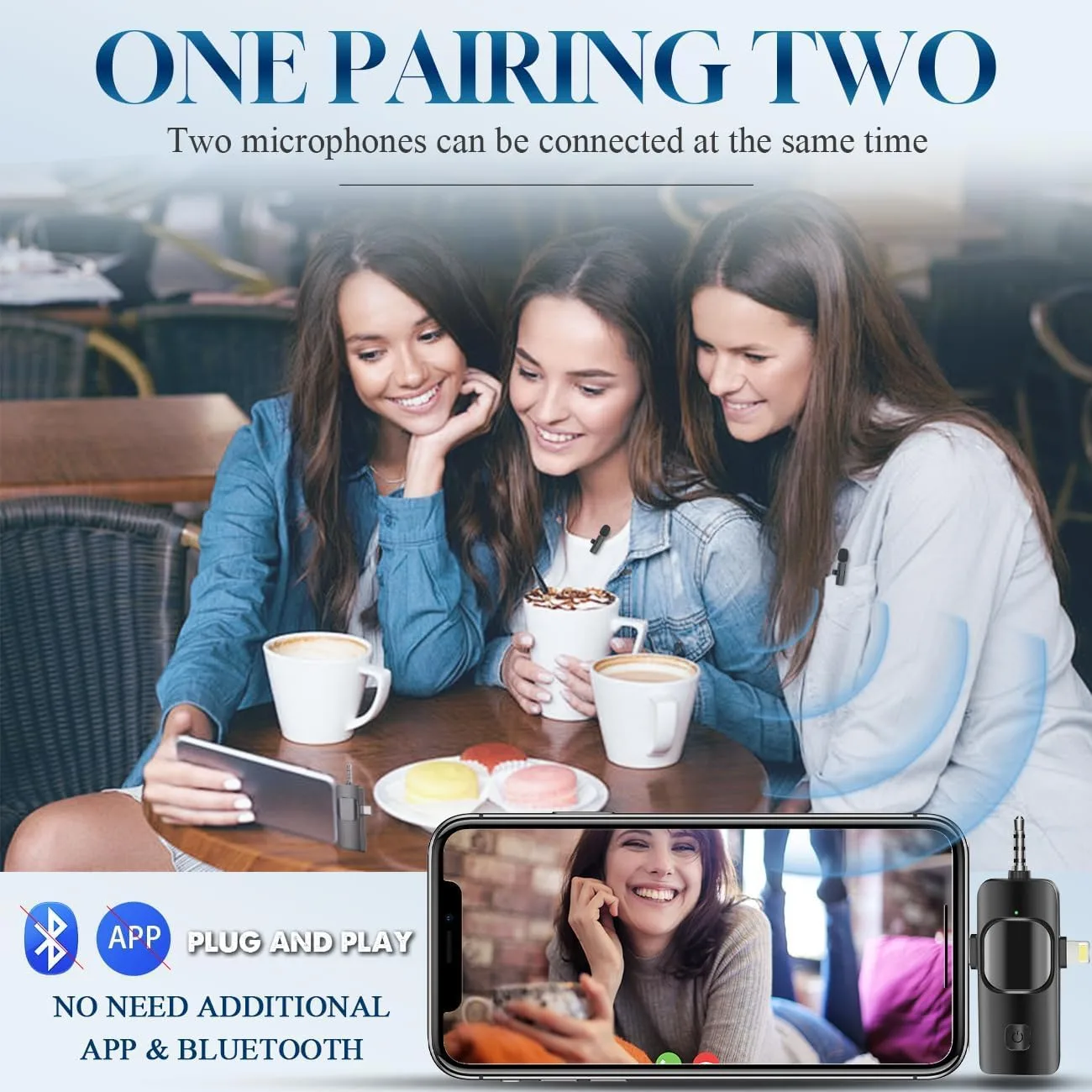 3 in 1 Wireless Lavalier Microphone for iPhone, iPad, Android, Camera,12-Hour Battery, mini Noise Reduction Recording Mic 2.4G Ultra-Low Delay, Microphone for Vlog/ TikTok/YouTube Live Stream( 2 Mic)