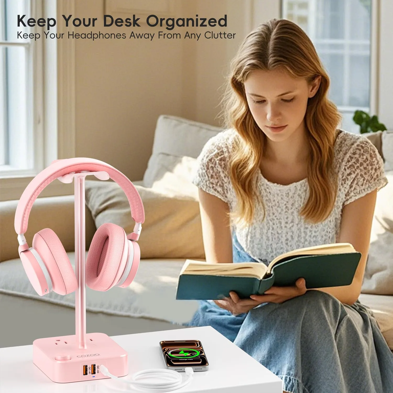 cozoo Headphone Stand with Charger, USB C, Gifts for Gamers Men, Pink