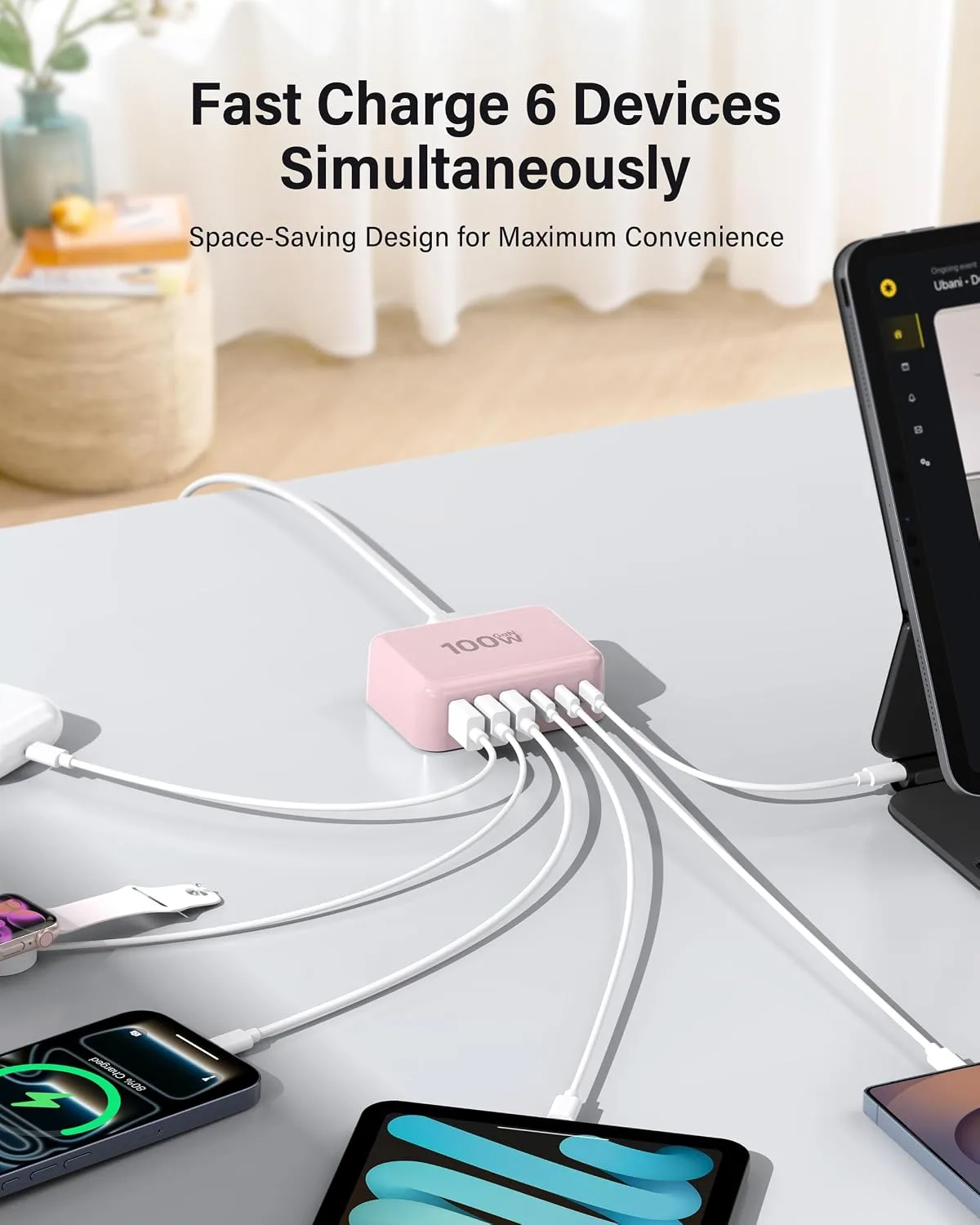 USB Fast Charger Block 50% Smaller 100W Max 6-Port GaN USB Charging Station