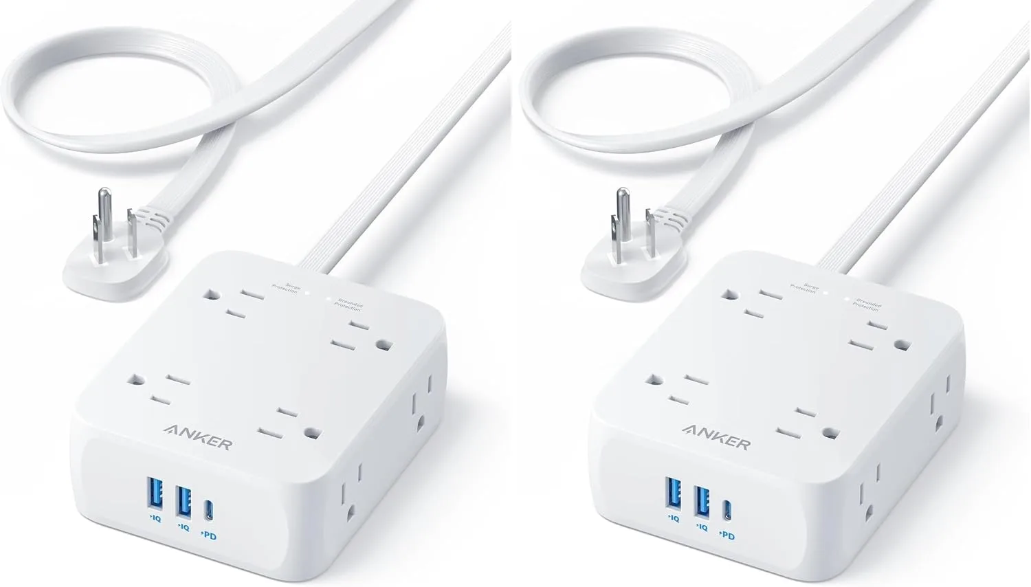 Anker Surge Protector Flat Plug Power Strip 2000J, 5ft Thin Extension Cord, 8 Outlets,2 USB A and 1 USB C Port,20W for iPhone15,Wall Mount,Compact for Home,Office,Room,TUV Listed (Pack of 2)
