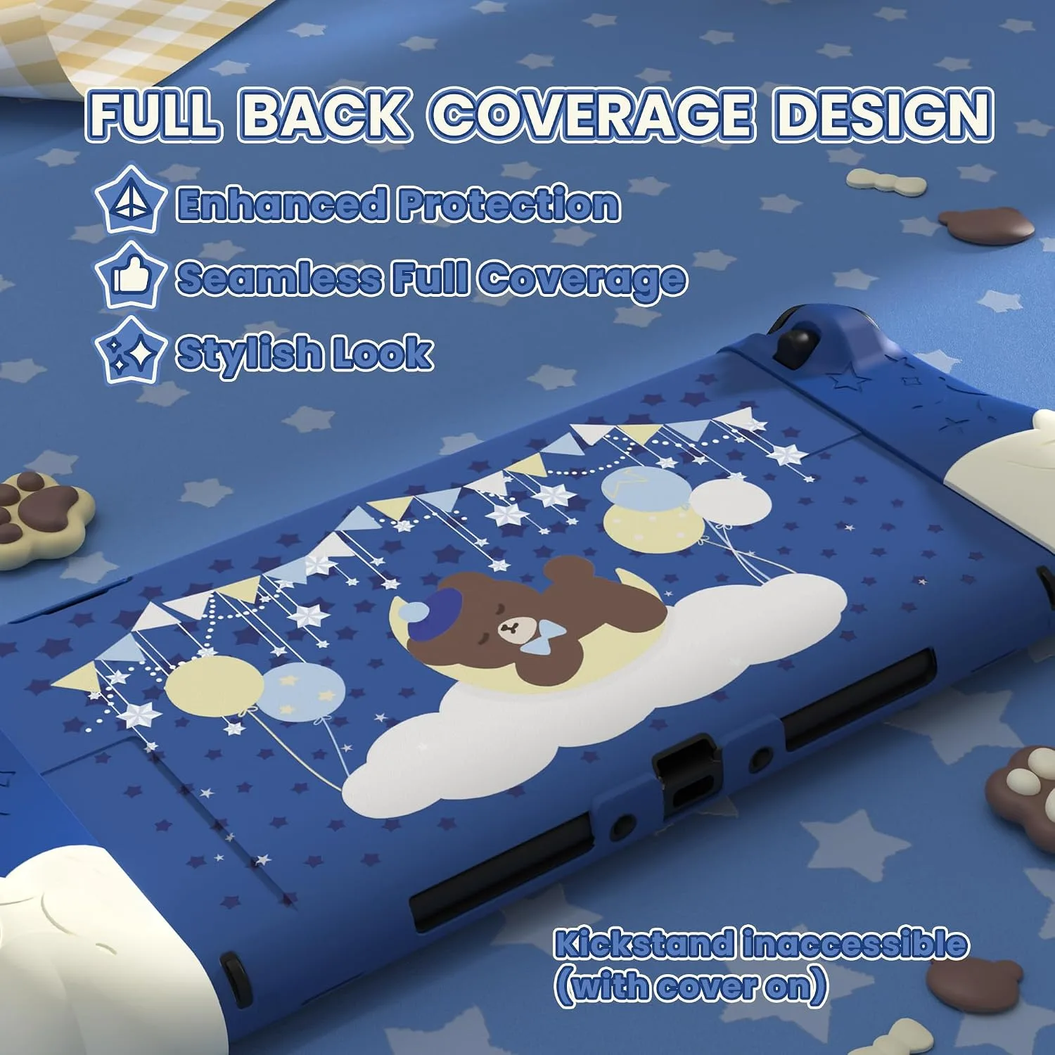 PlayVital Good Night Bear Dockable Case for Nintendo Switch 2 with Stand | Split Design Silicone Joycon Grips, PC Console Hard Shell, 2 Joystick Caps | Cute Protective Cover Bundle – Midnight Blue