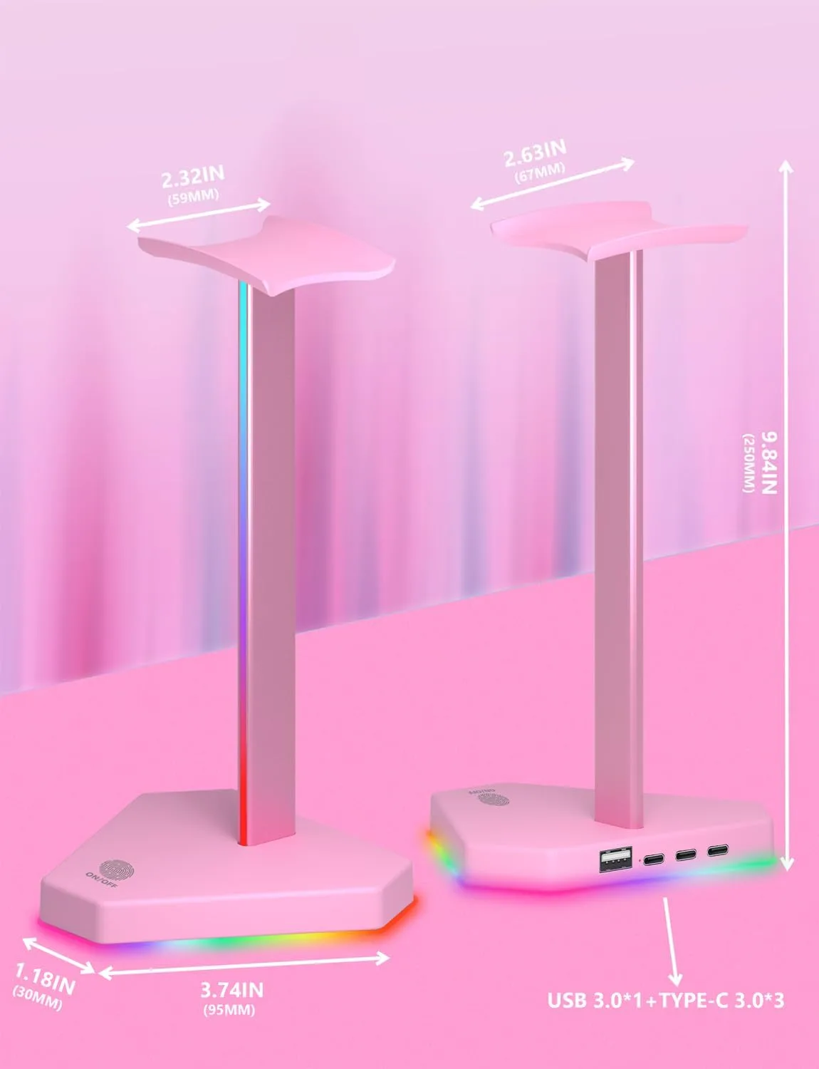 RGB Headphones Stand with 1 USB-C Data Transmission& 3 Type-C Charging Port, Desk Gaming Headset Holder with 7 Light Modes and Non-Slip Rubber Base (Pink)