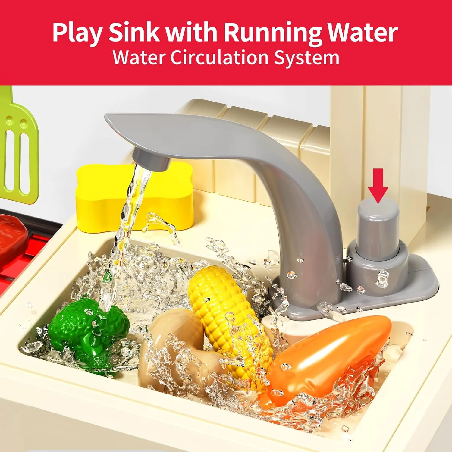 Pupu Pig Play Kitchen, Kids Kitchen Playset with Steam, Lights and Sounds