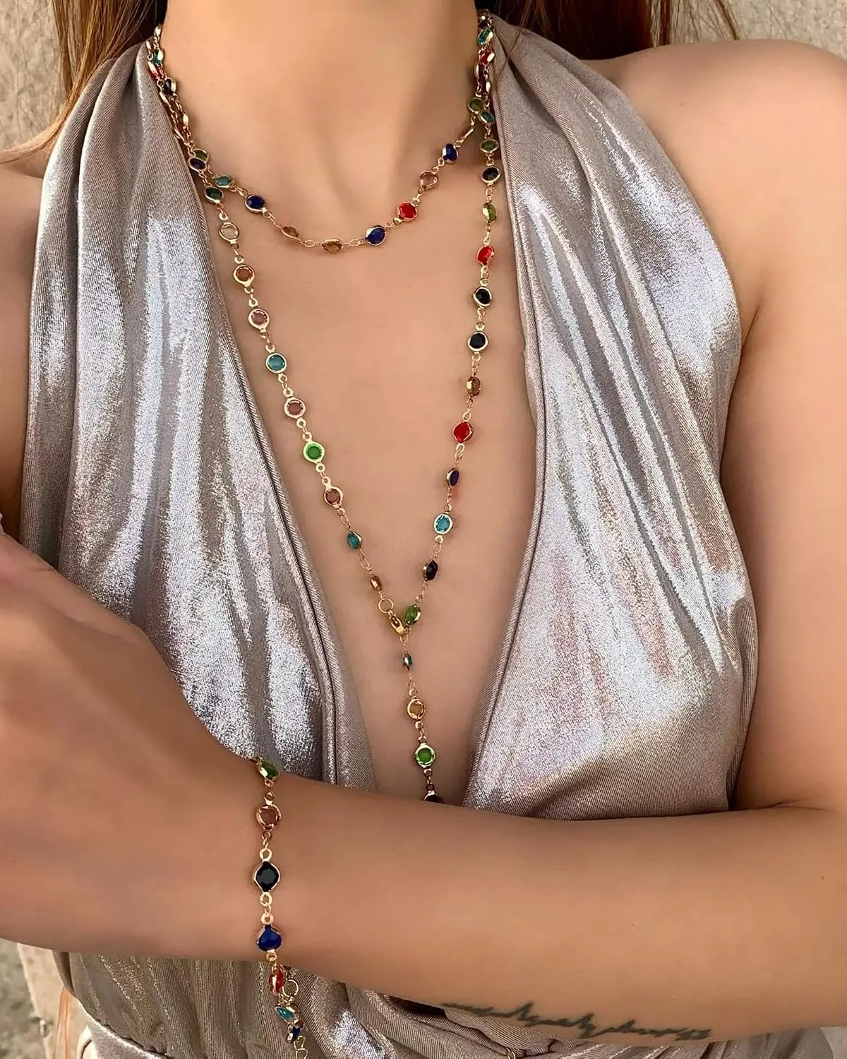 Colorful Y Shaped Necklace for Women Trendy Long Multi Color Crystal Lariat Necklace Sparkly Gemstone Chest Chain Summer Deep V-Neck Dress Outfits Jewelry Accessories